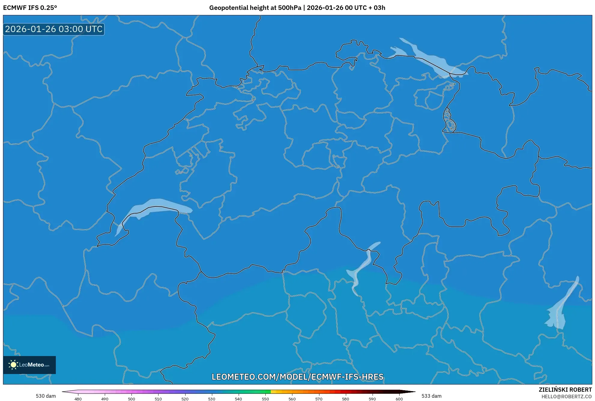 ECMWF IFS 0.25° model - İsviçre, 500 hPa’da jeopotansiyel yükseklik