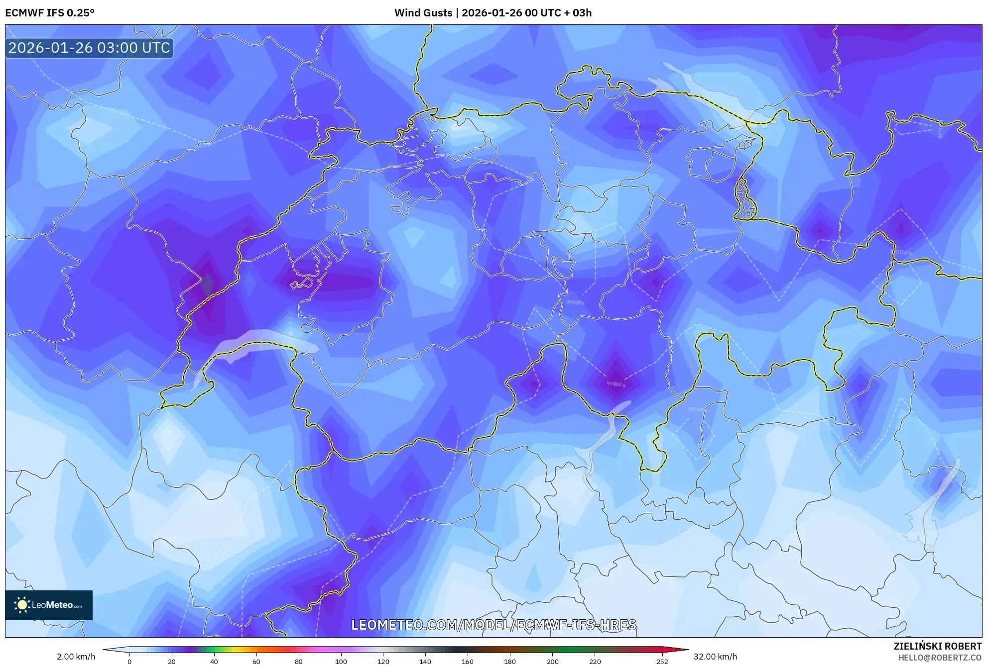 ECMWF IFS 0.25° model - İsviçre, Rüzgâr Esintileri