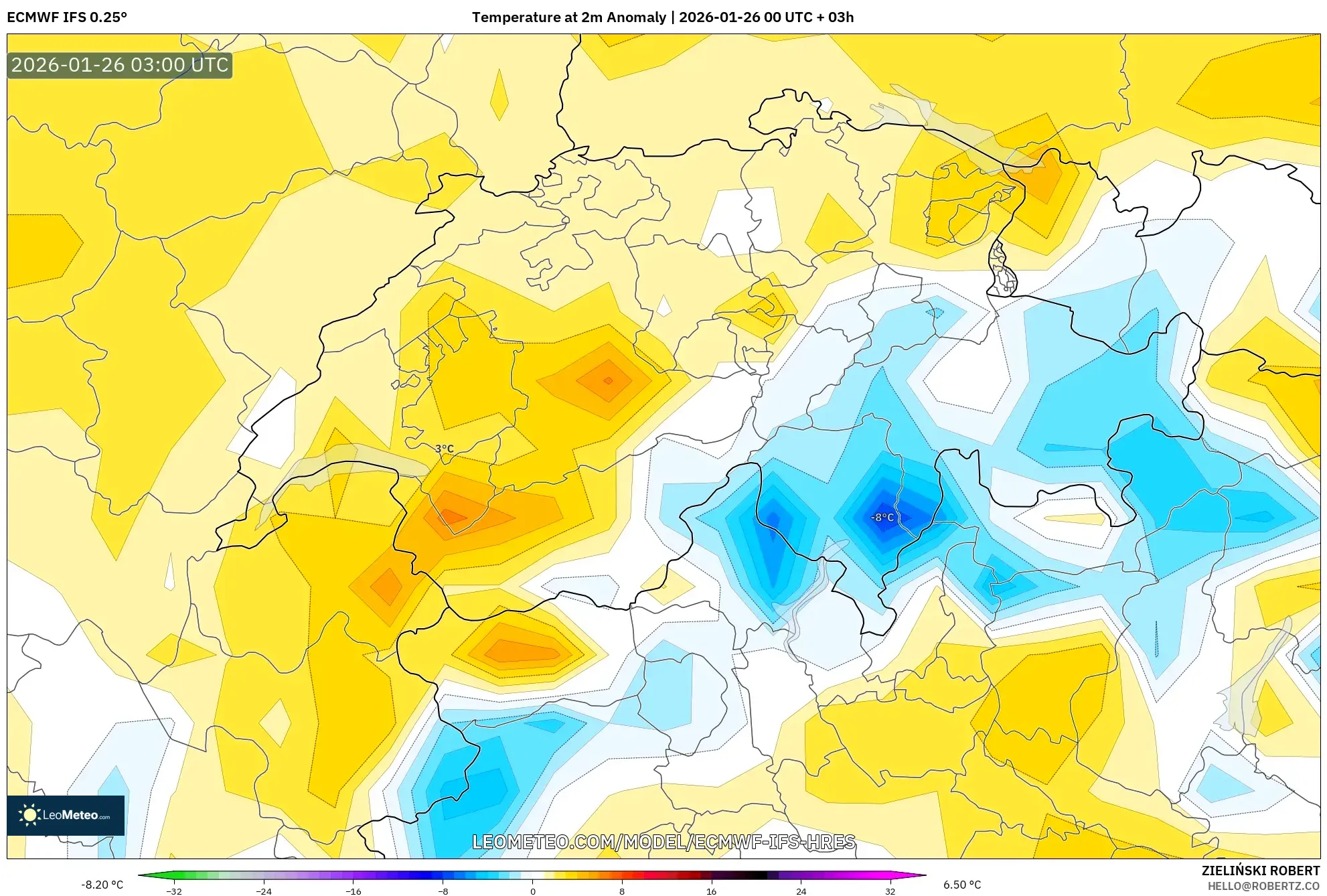 ECMWF IFS 0.25° model - İsviçre, 2 m Sıcaklık Anomalisi