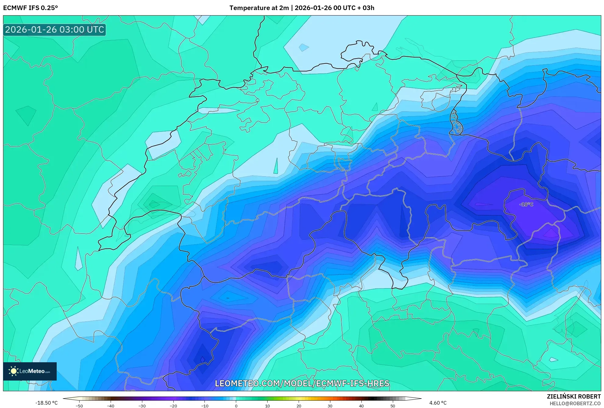 ECMWF IFS 0.25° model - İsviçre, 2 m Sıcaklık