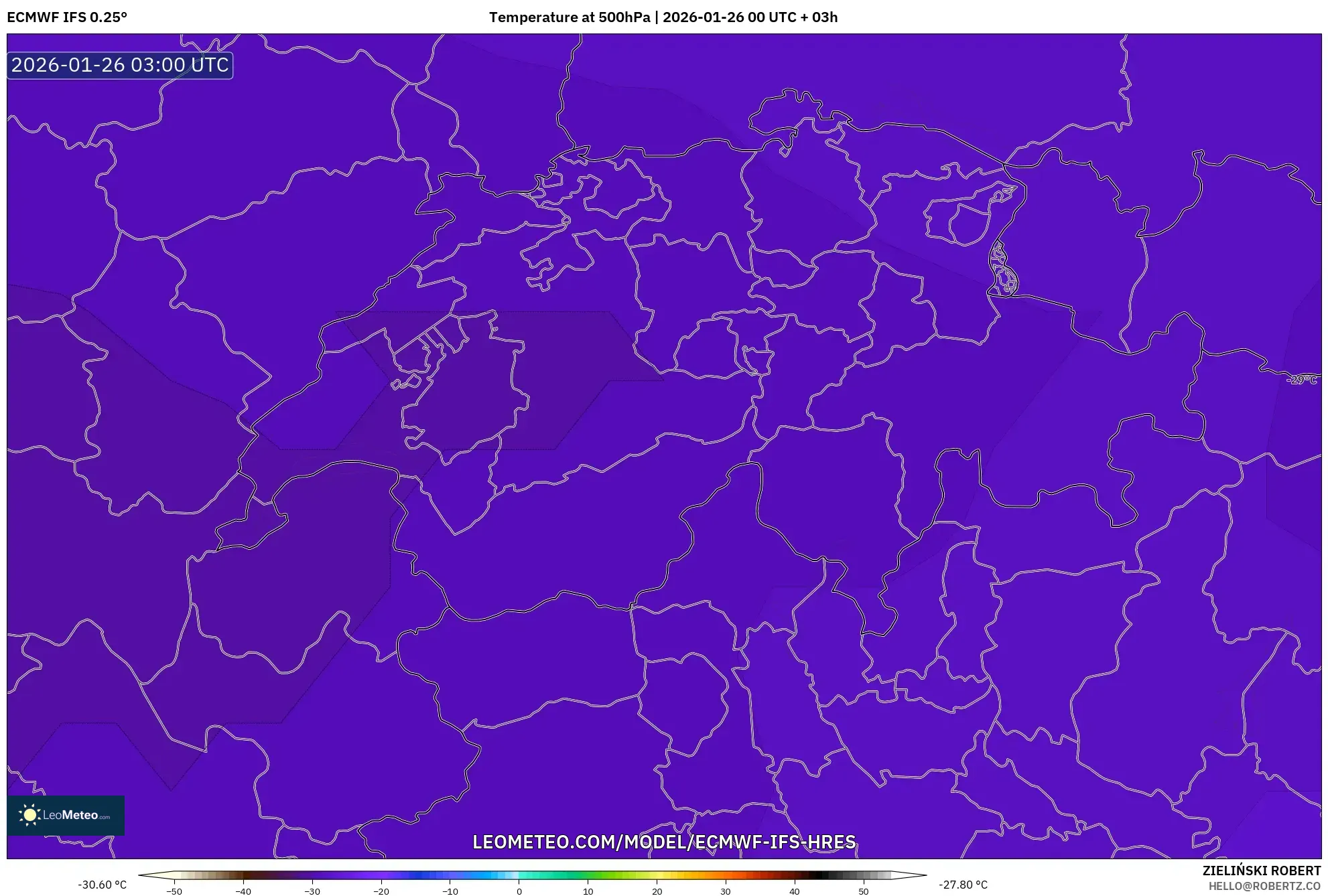 ECMWF IFS 0.25° model - İsviçre, 500 hPa Sıcaklık