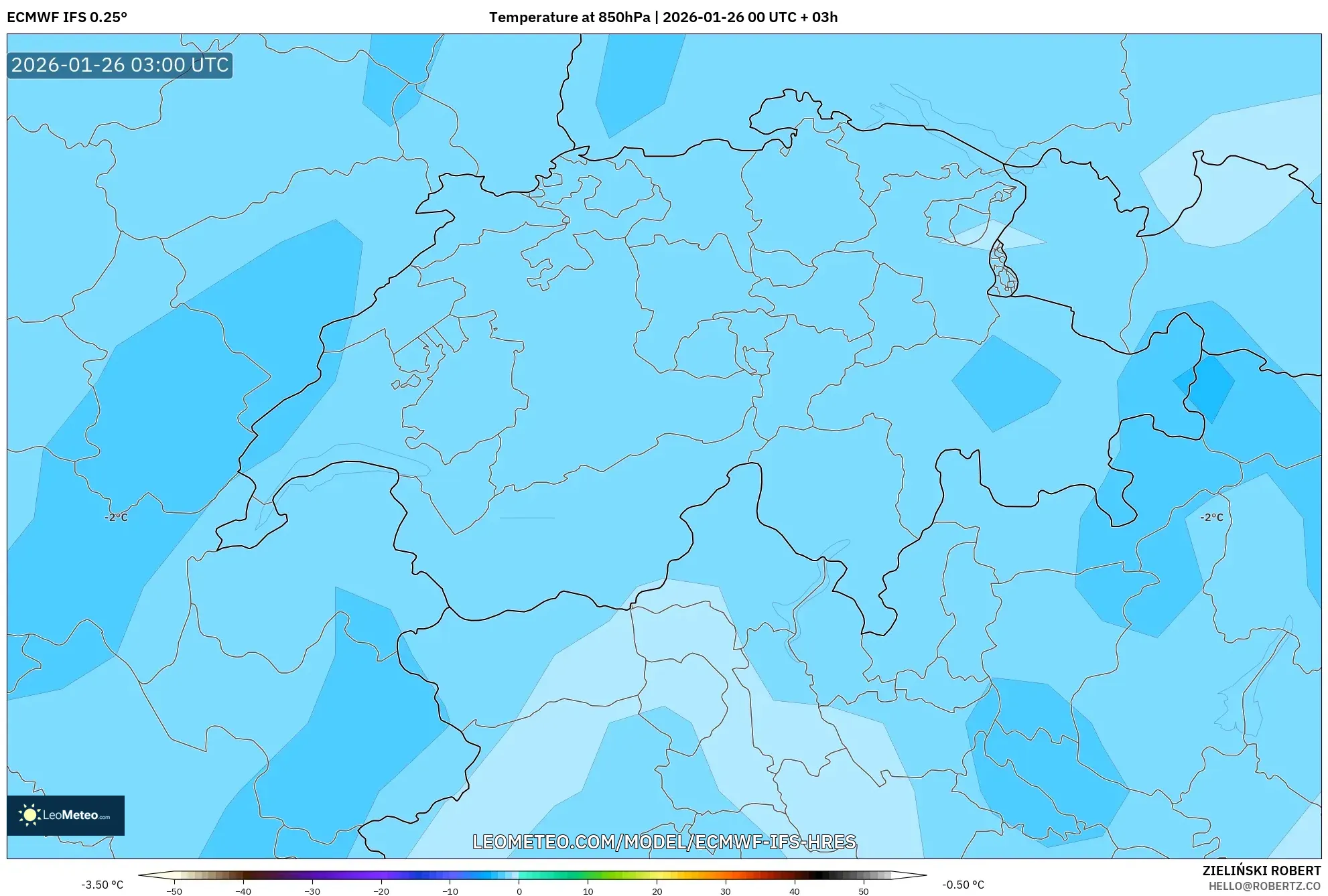 ECMWF IFS 0.25° model - İsviçre, 850 hPa Sıcaklık