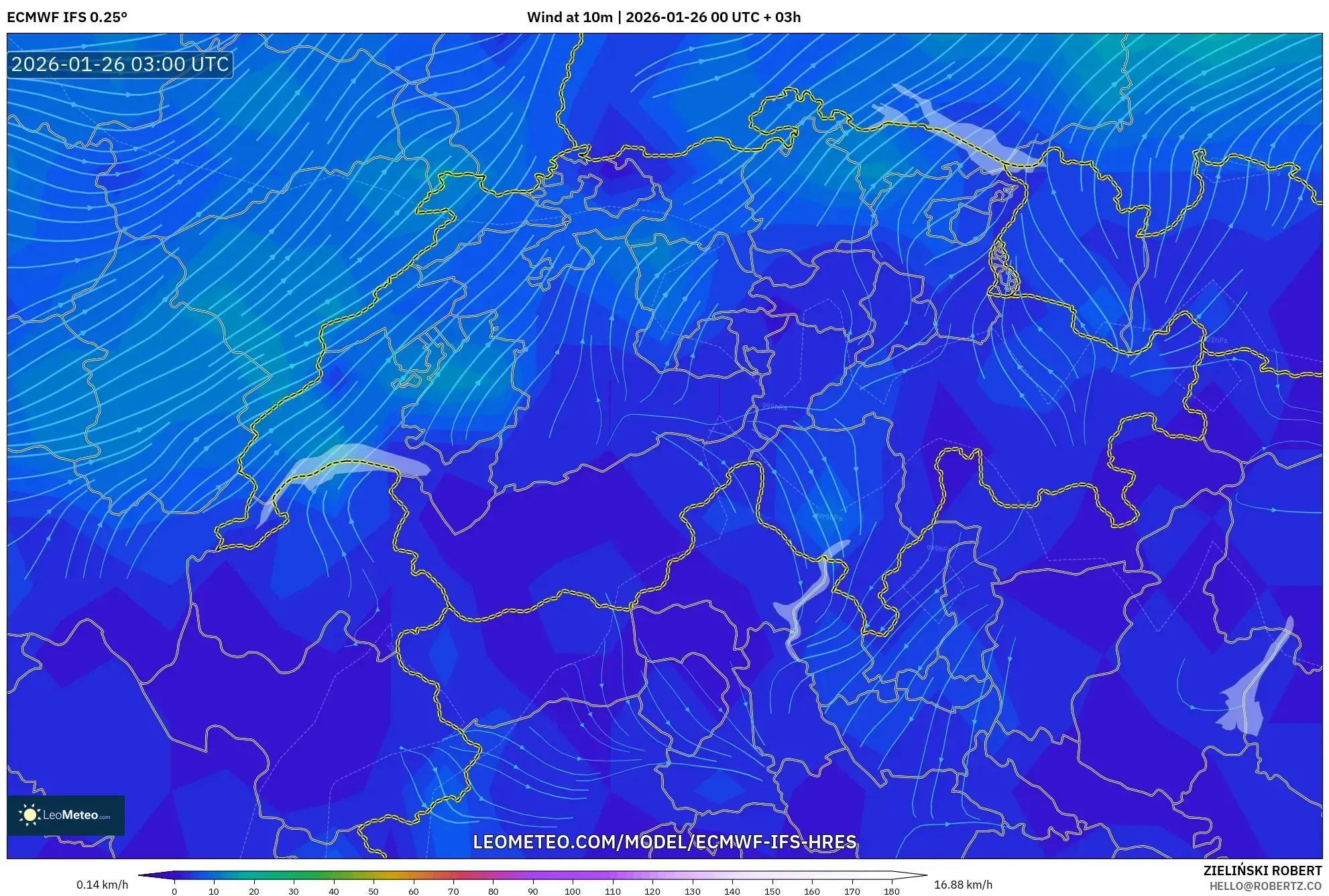ECMWF IFS 0.25° model - İsviçre, 10 m Rüzgâr