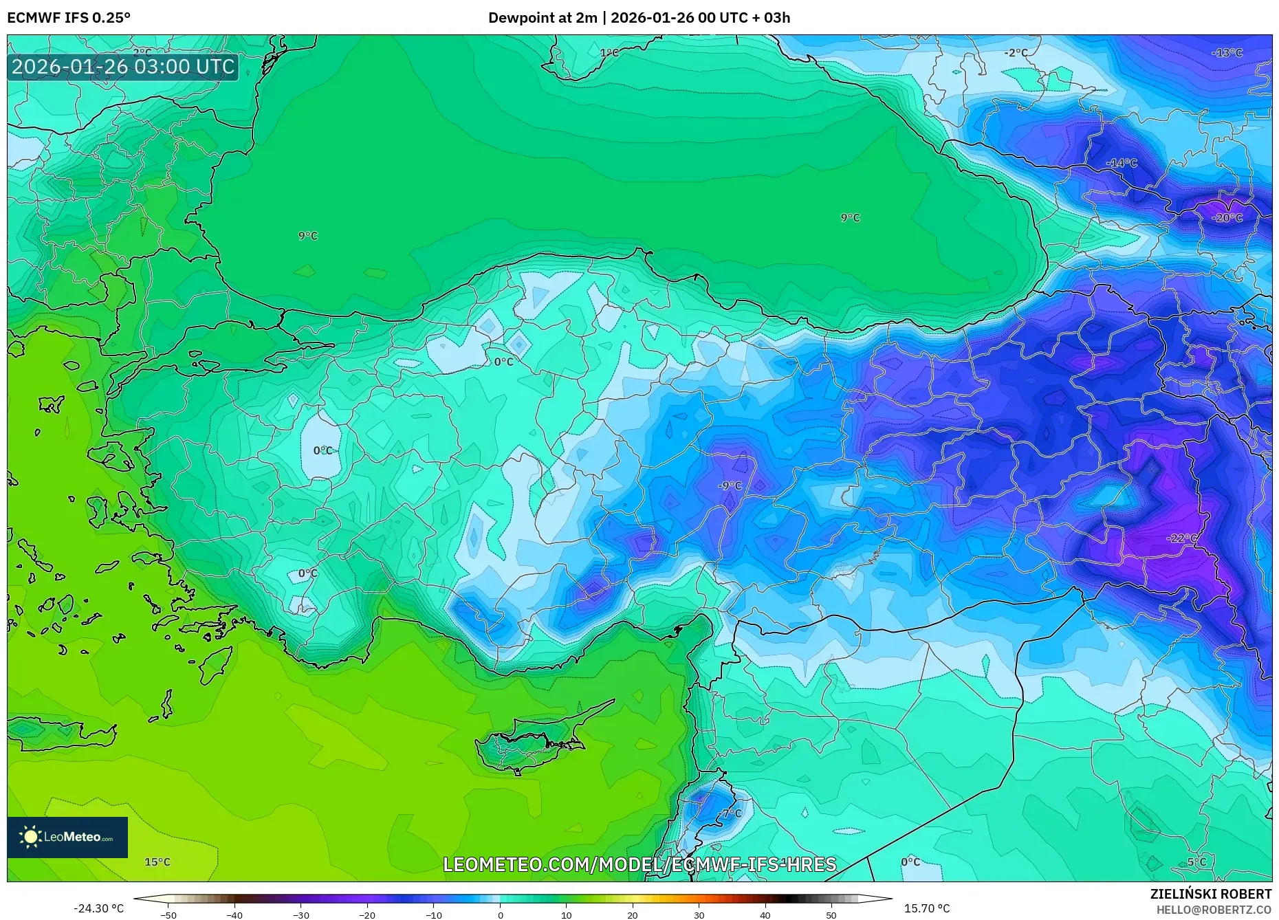 ECMWF IFS 0.25° model - Türkiye, 2 m Çiy Noktası
