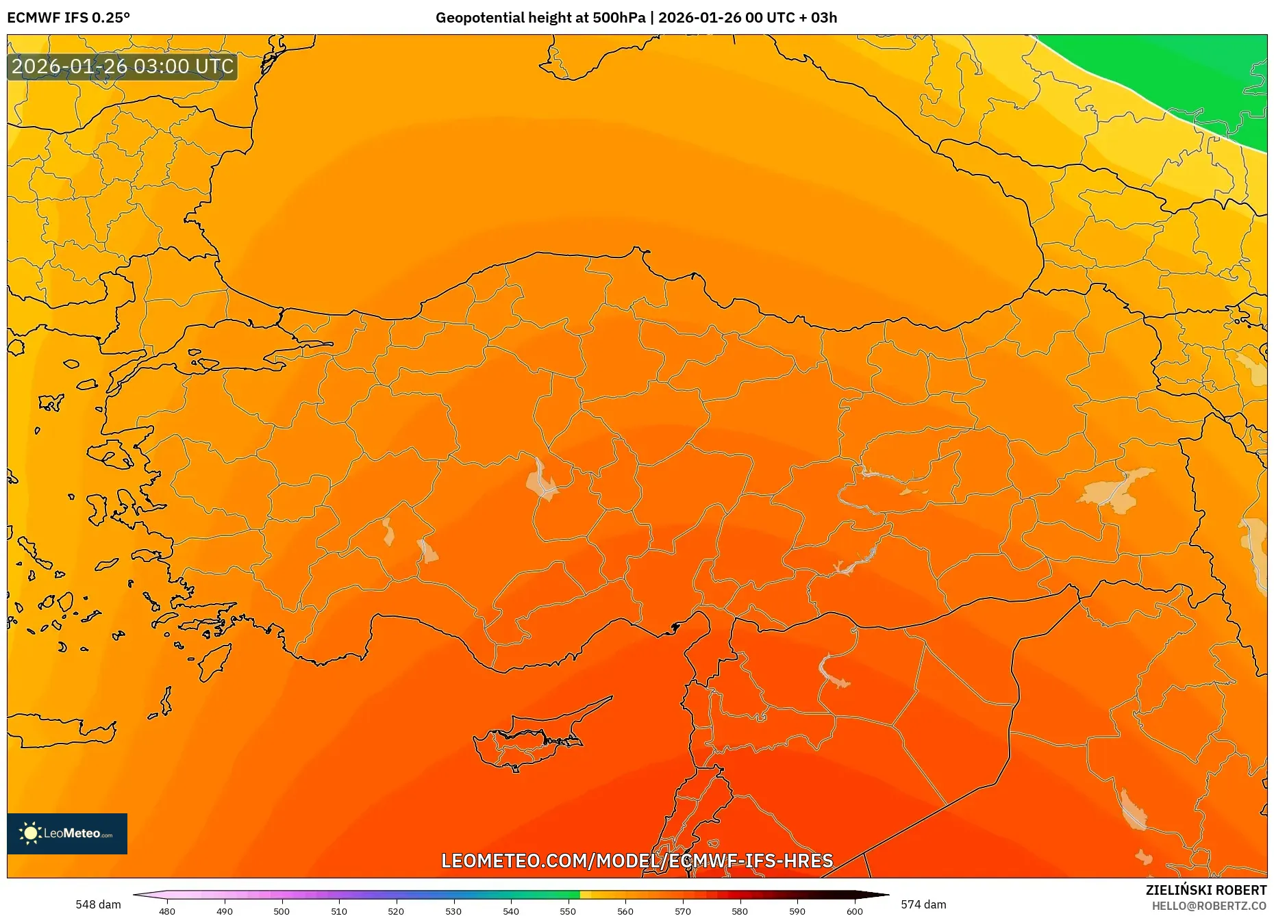 ECMWF IFS 0.25° model - Türkiye, 500 hPa’da jeopotansiyel yükseklik