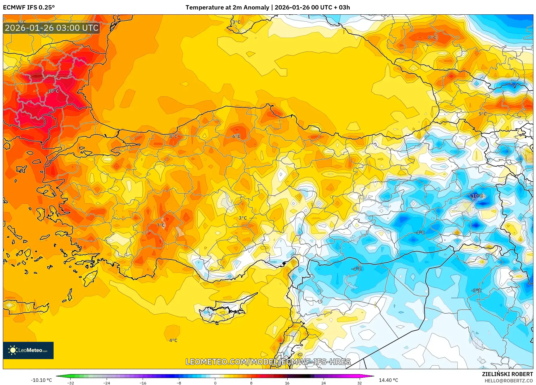 ECMWF IFS 0.25° model - Türkiye, 2 m Sıcaklık Anomalisi