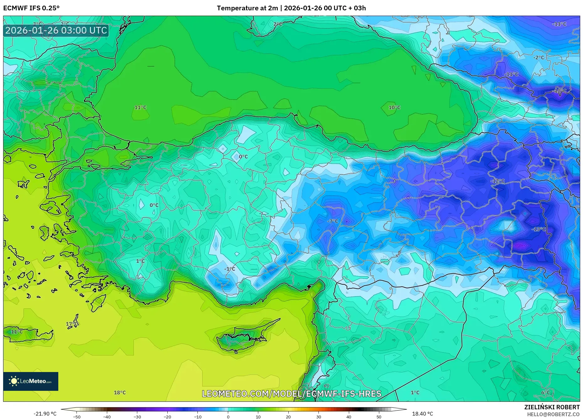 ECMWF IFS 0.25° model - Türkiye, 2 m Sıcaklık