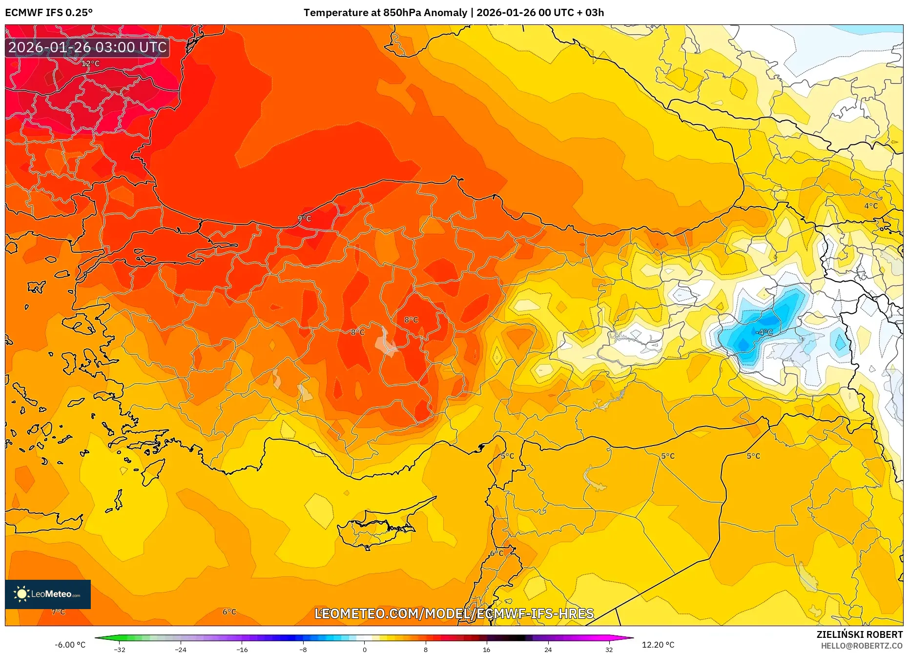 ECMWF IFS 0.25° model - Türkiye, 850 hPa Sıcaklık Anomalisi