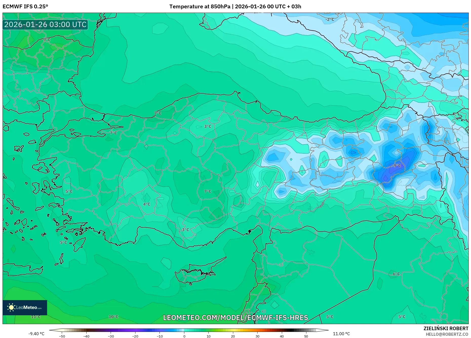 ECMWF IFS 0.25° model - Türkiye, 850 hPa Sıcaklık