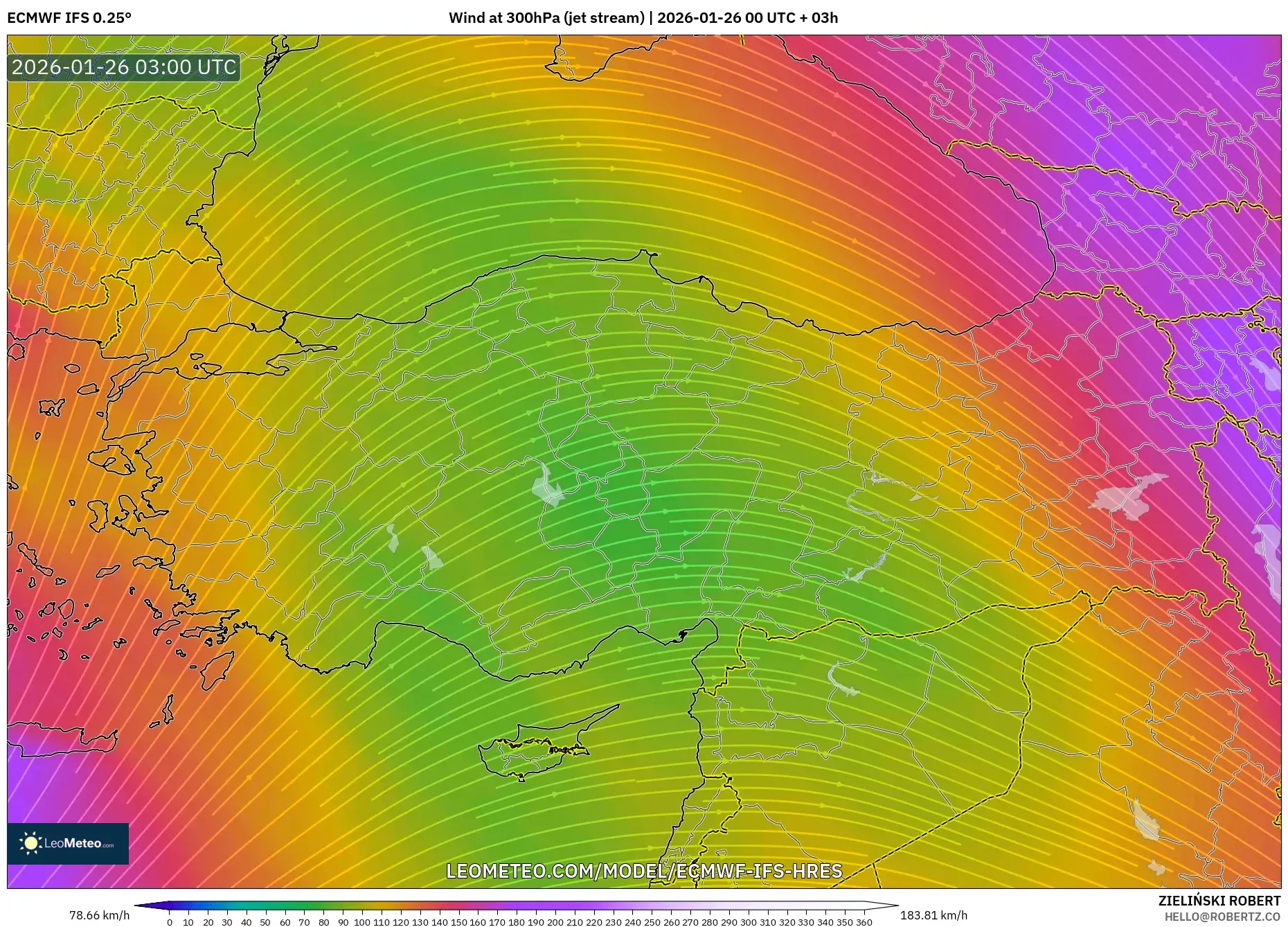 ECMWF IFS 0.25° model - Türkiye, 300 hPa Rüzgârı (jet)