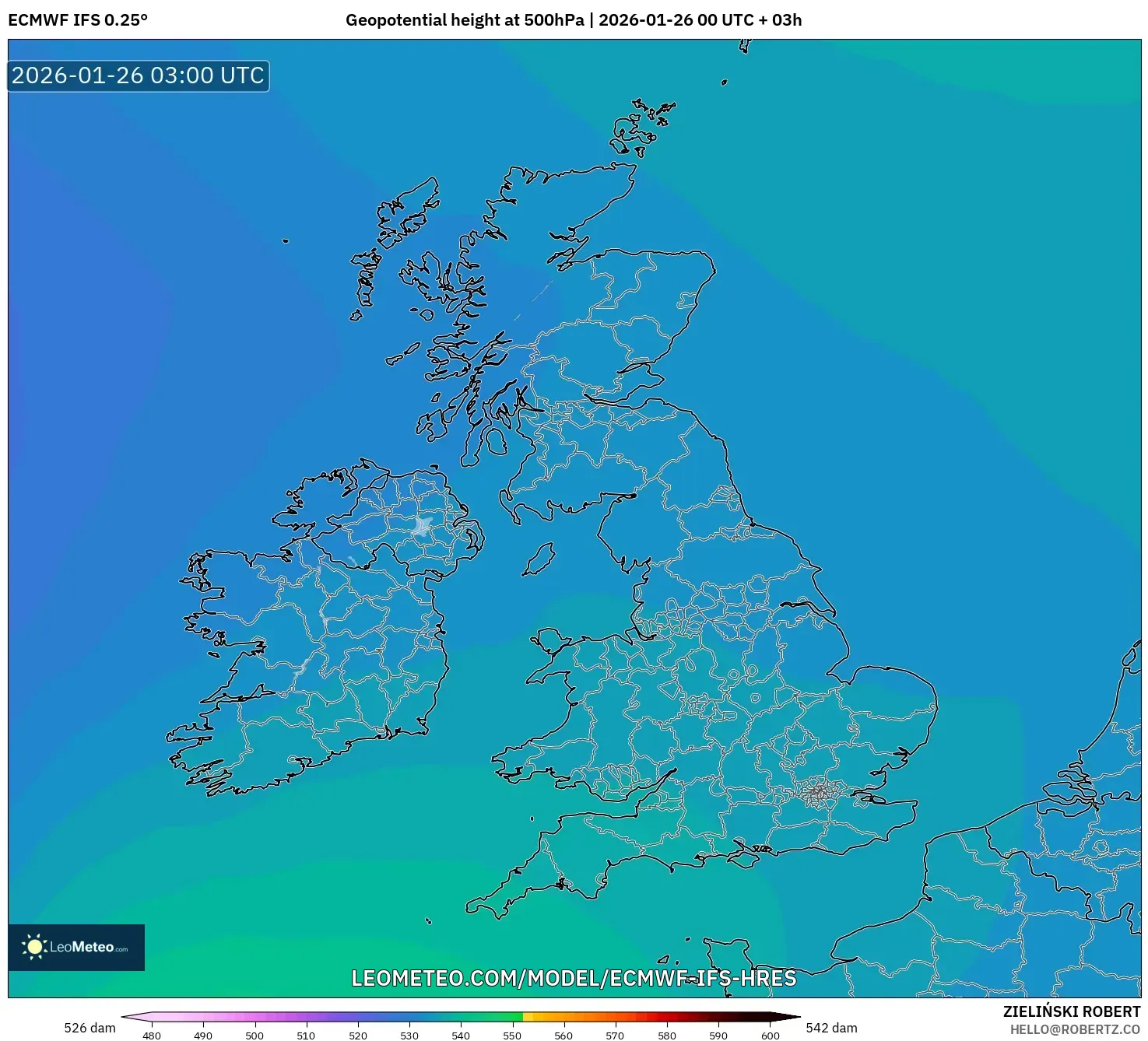 ECMWF IFS 0.25° model - Birleşik Krallık, 500 hPa’da jeopotansiyel yükseklik