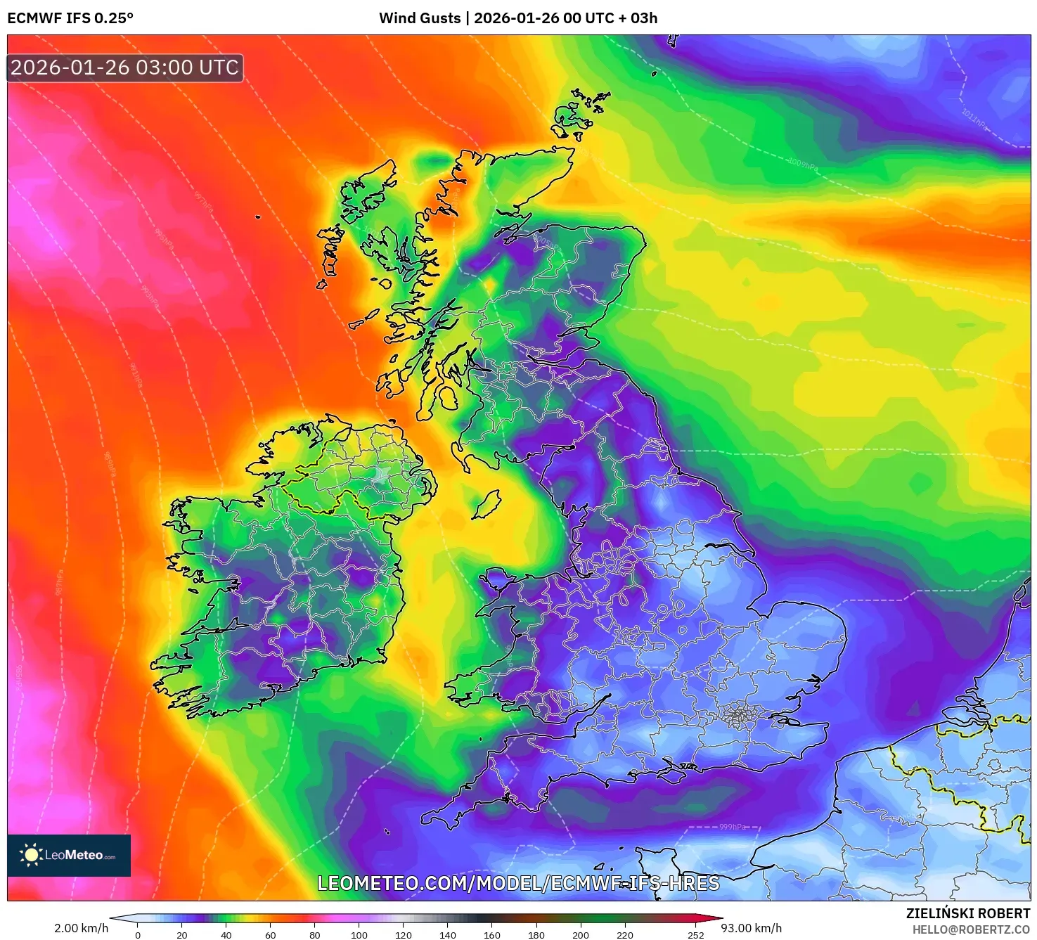 ECMWF IFS 0.25° model - Birleşik Krallık, Rüzgâr Esintileri