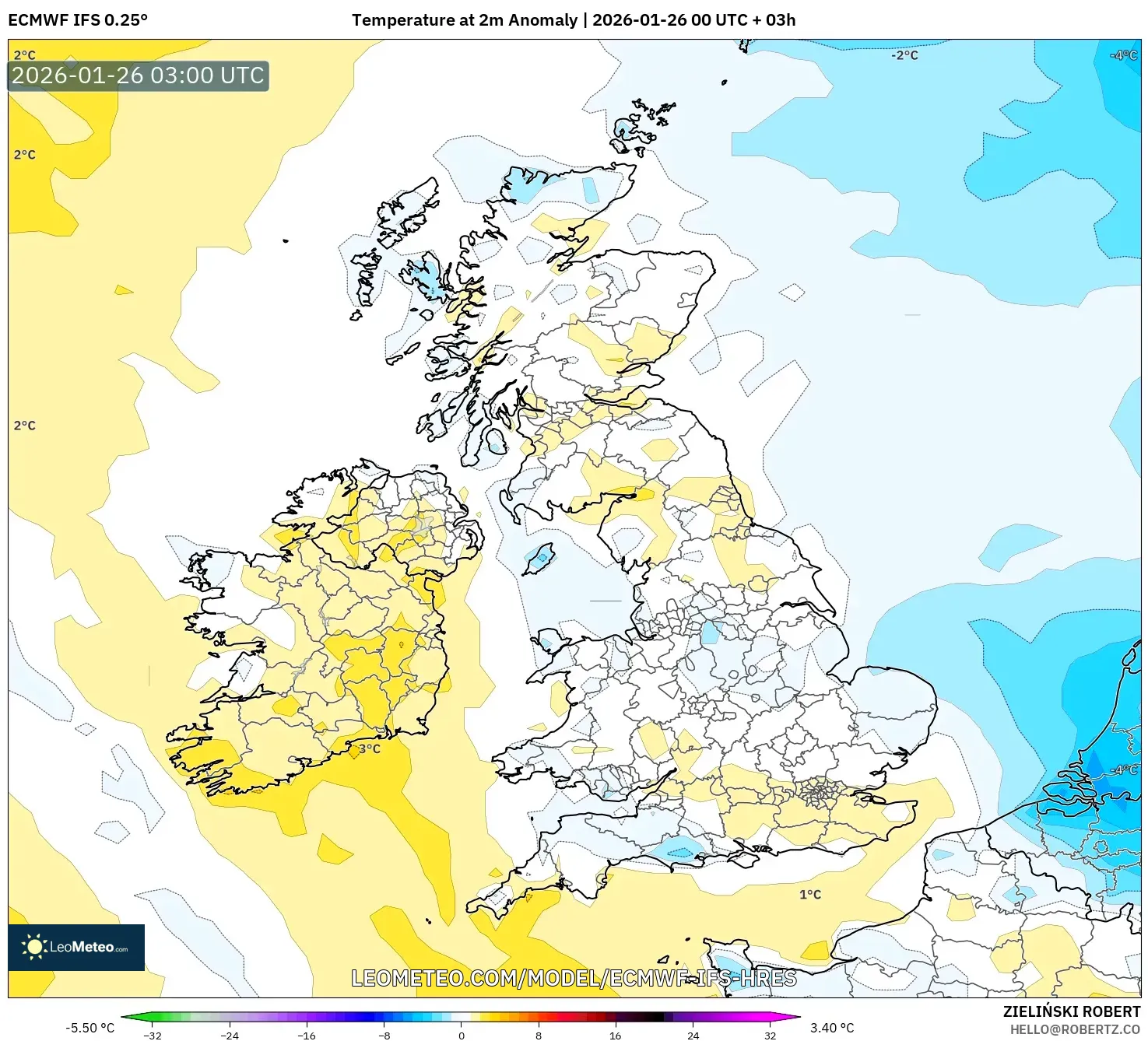 ECMWF IFS 0.25° model - Birleşik Krallık, 2 m Sıcaklık Anomalisi