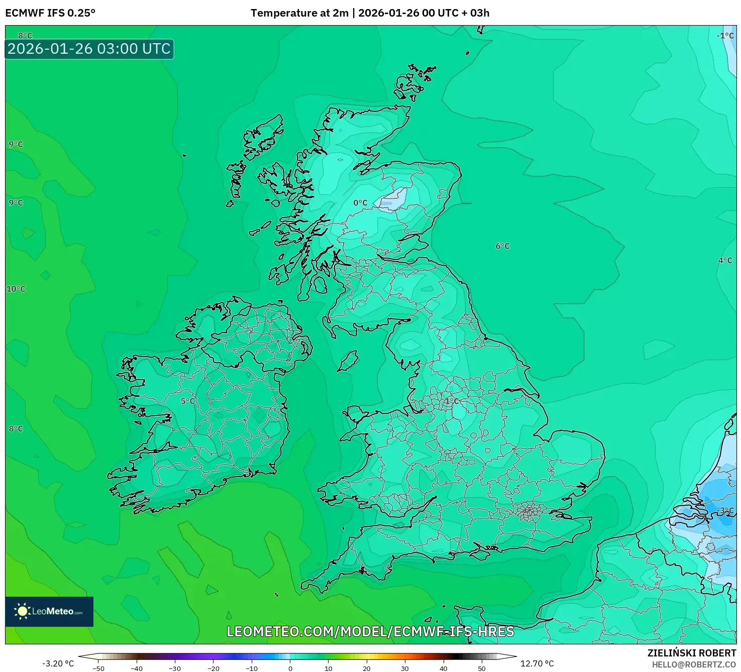 ECMWF IFS 0.25° model - Birleşik Krallık, 2 m Sıcaklık