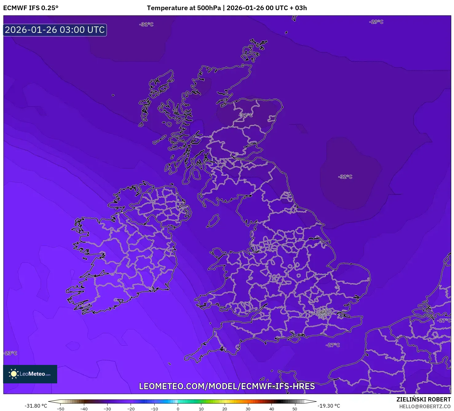 ECMWF IFS 0.25° model - Birleşik Krallık, 500 hPa Sıcaklık