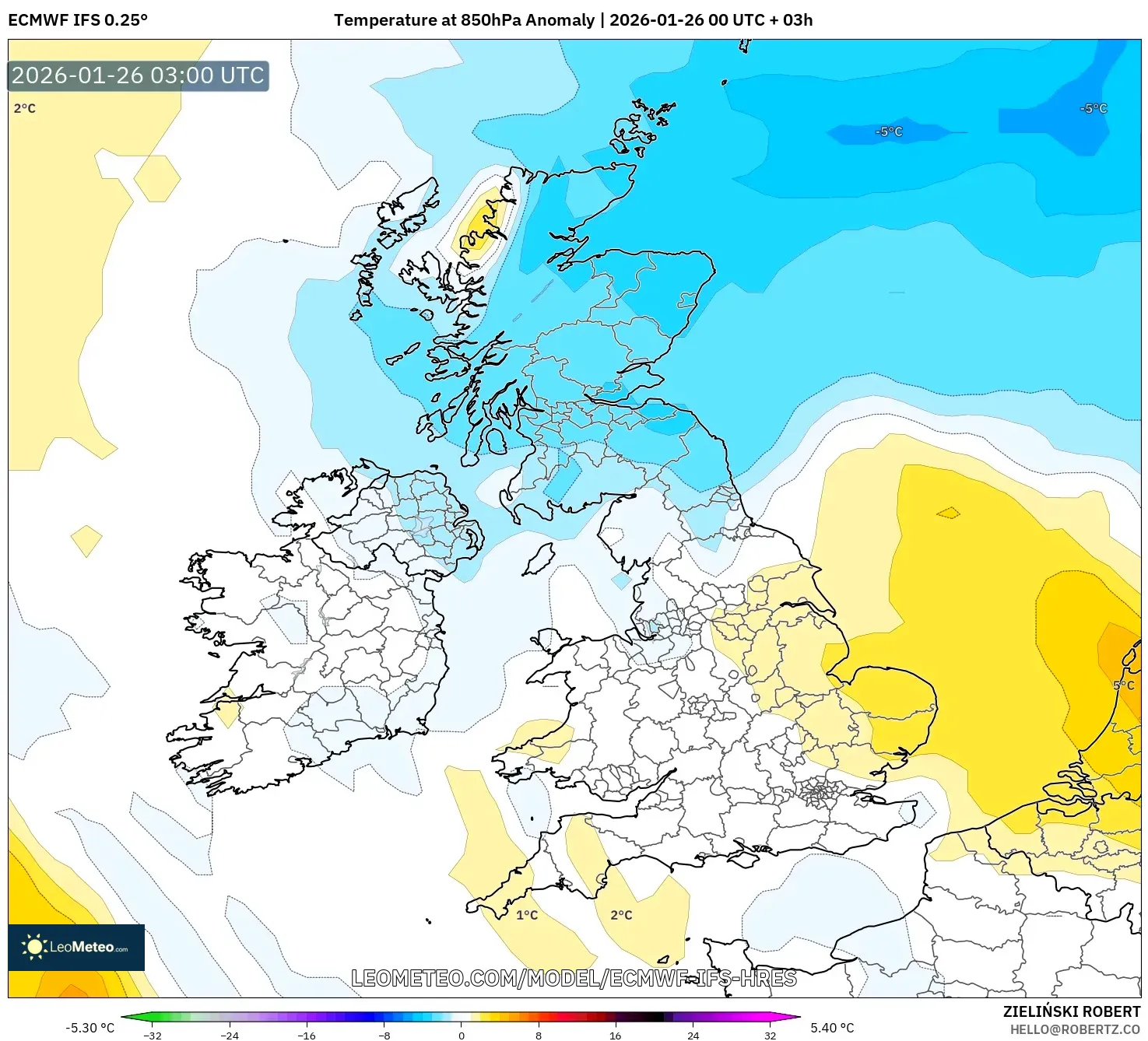 ECMWF IFS 0.25° model - Birleşik Krallık, 850 hPa Sıcaklık Anomalisi
