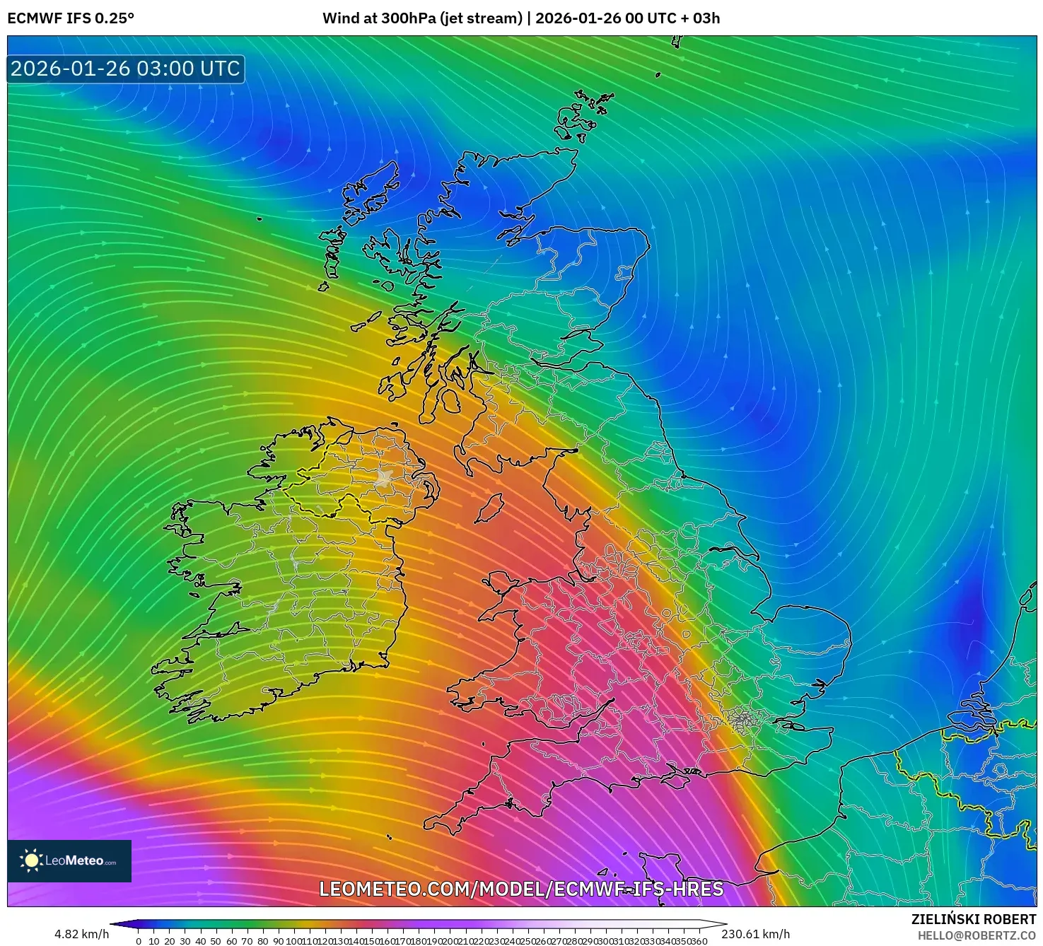 ECMWF IFS 0.25° model - Birleşik Krallık, 300 hPa Rüzgârı (jet)