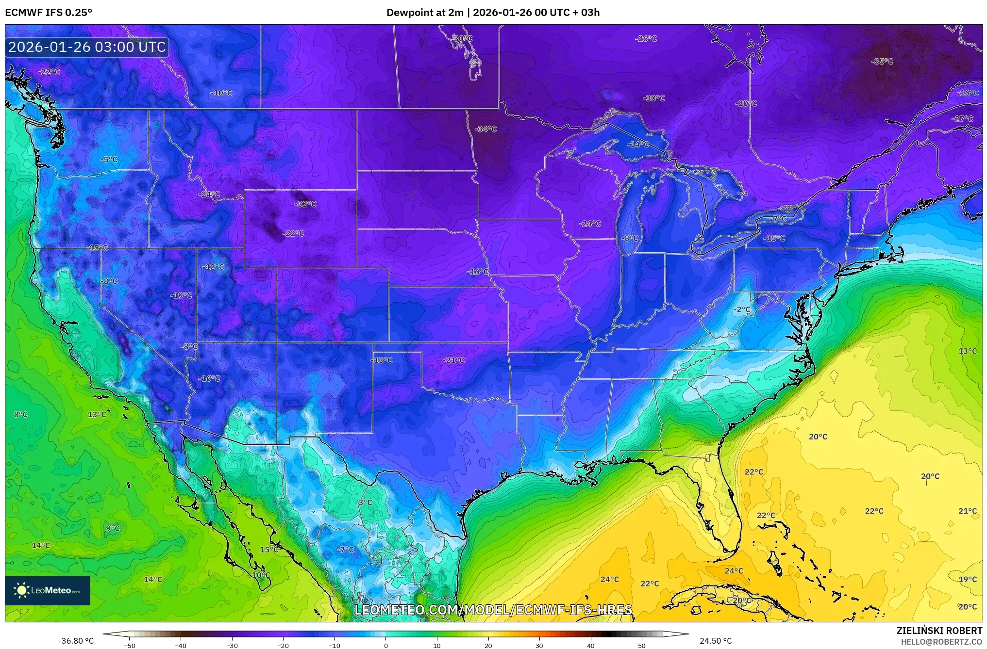 ECMWF IFS 0.25° model - Amerika Birleşik Devletleri, 2 m Çiy Noktası