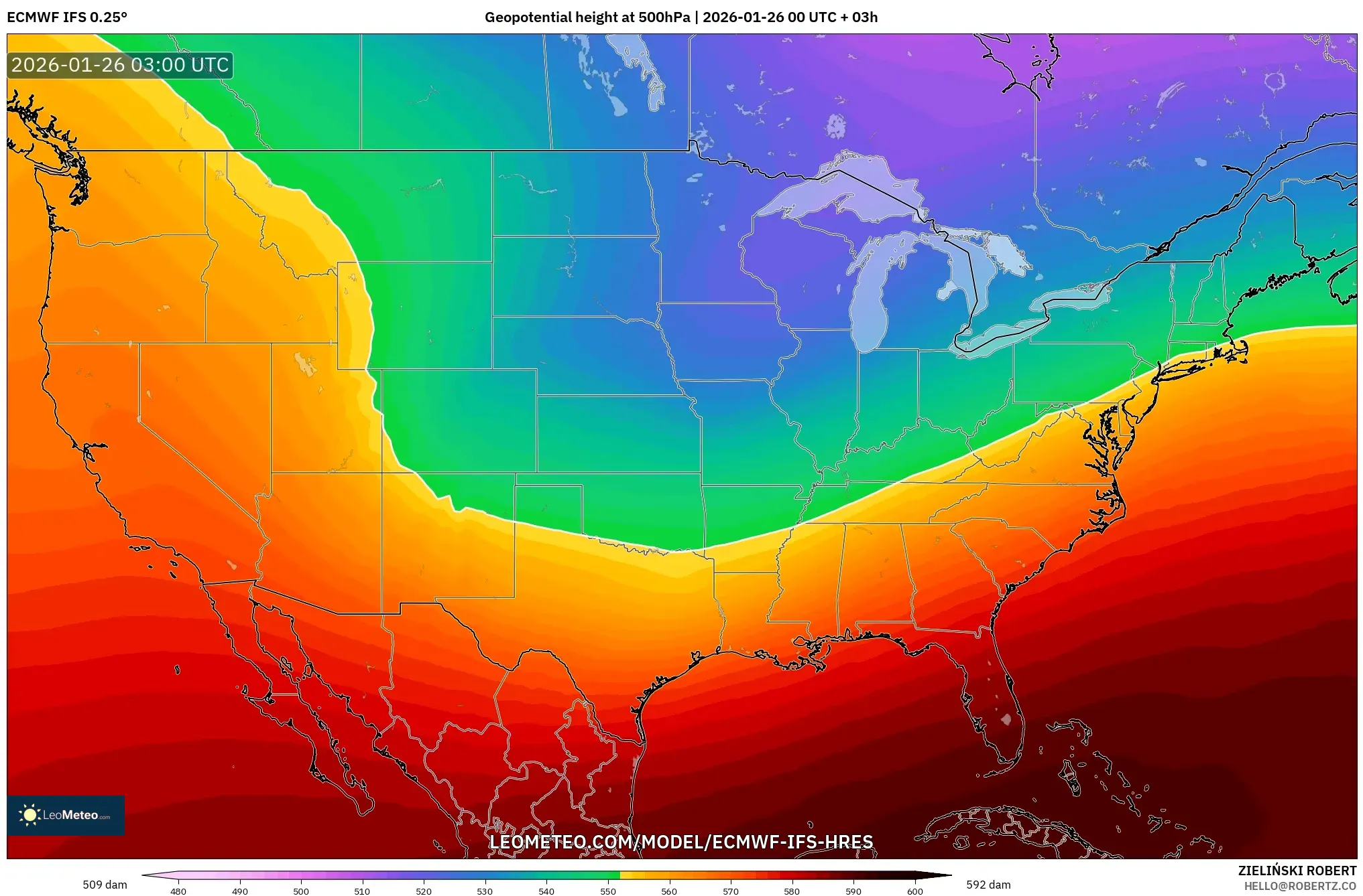 ECMWF IFS 0.25° model - Amerika Birleşik Devletleri, 500 hPa’da jeopotansiyel yükseklik