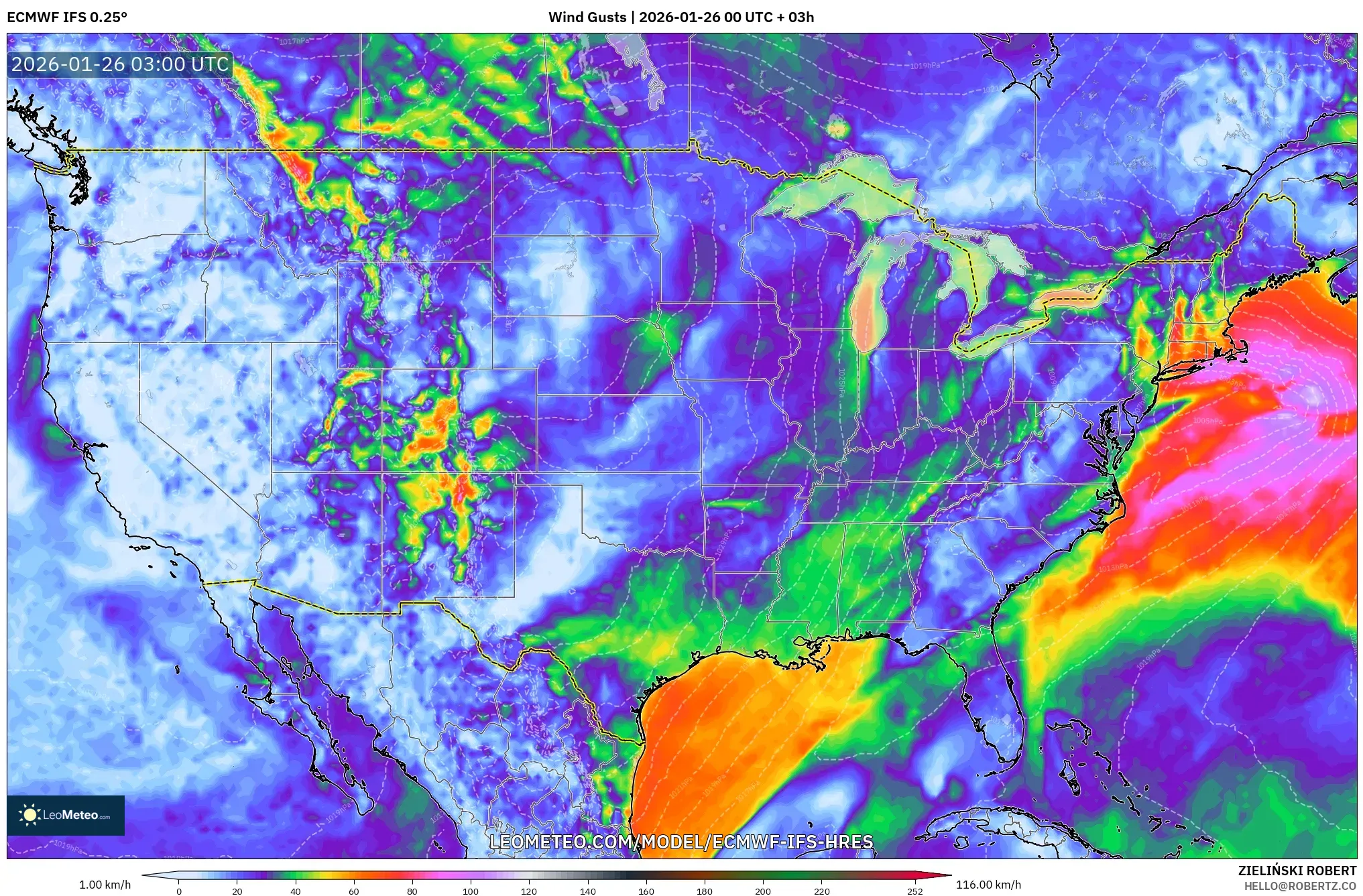 ECMWF IFS 0.25° model - Amerika Birleşik Devletleri, Rüzgâr Esintileri