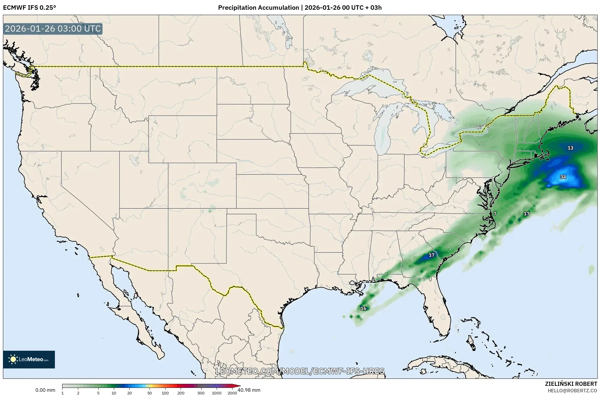 ECMWF IFS 0.25° model - Amerika Birleşik Devletleri, Yağış Birikimi