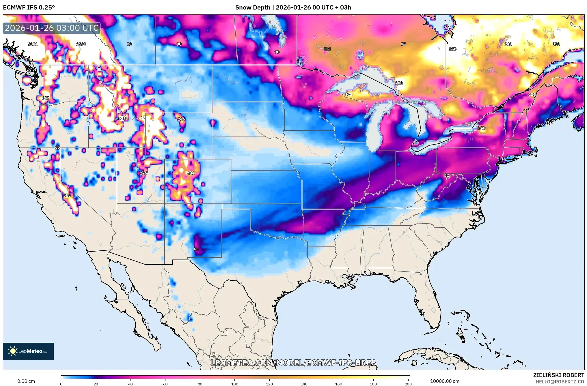 ECMWF IFS 0.25° model - Amerika Birleşik Devletleri, Kar Kalınlığı