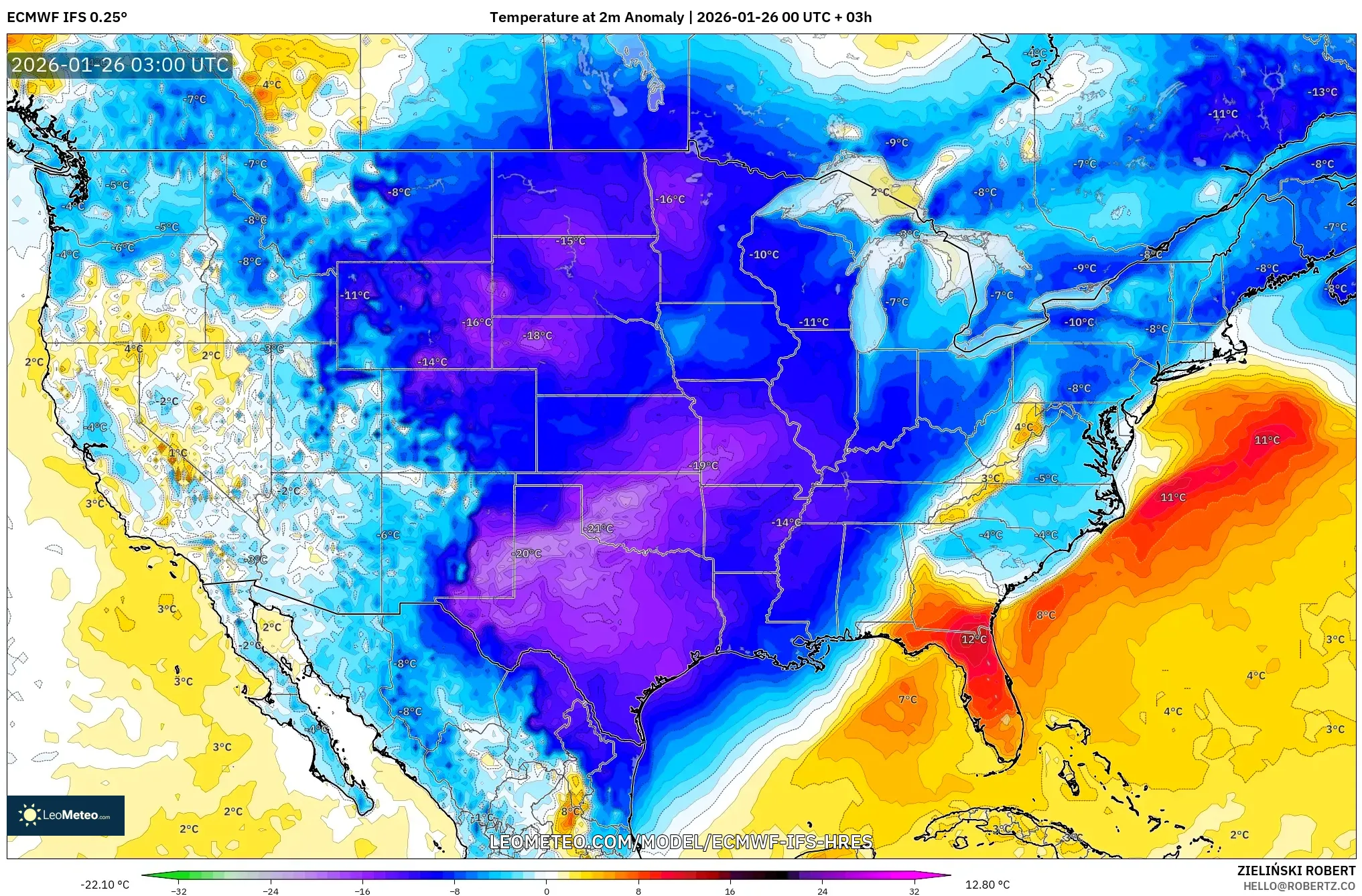 ECMWF IFS 0.25° model - Amerika Birleşik Devletleri, 2 m Sıcaklık Anomalisi