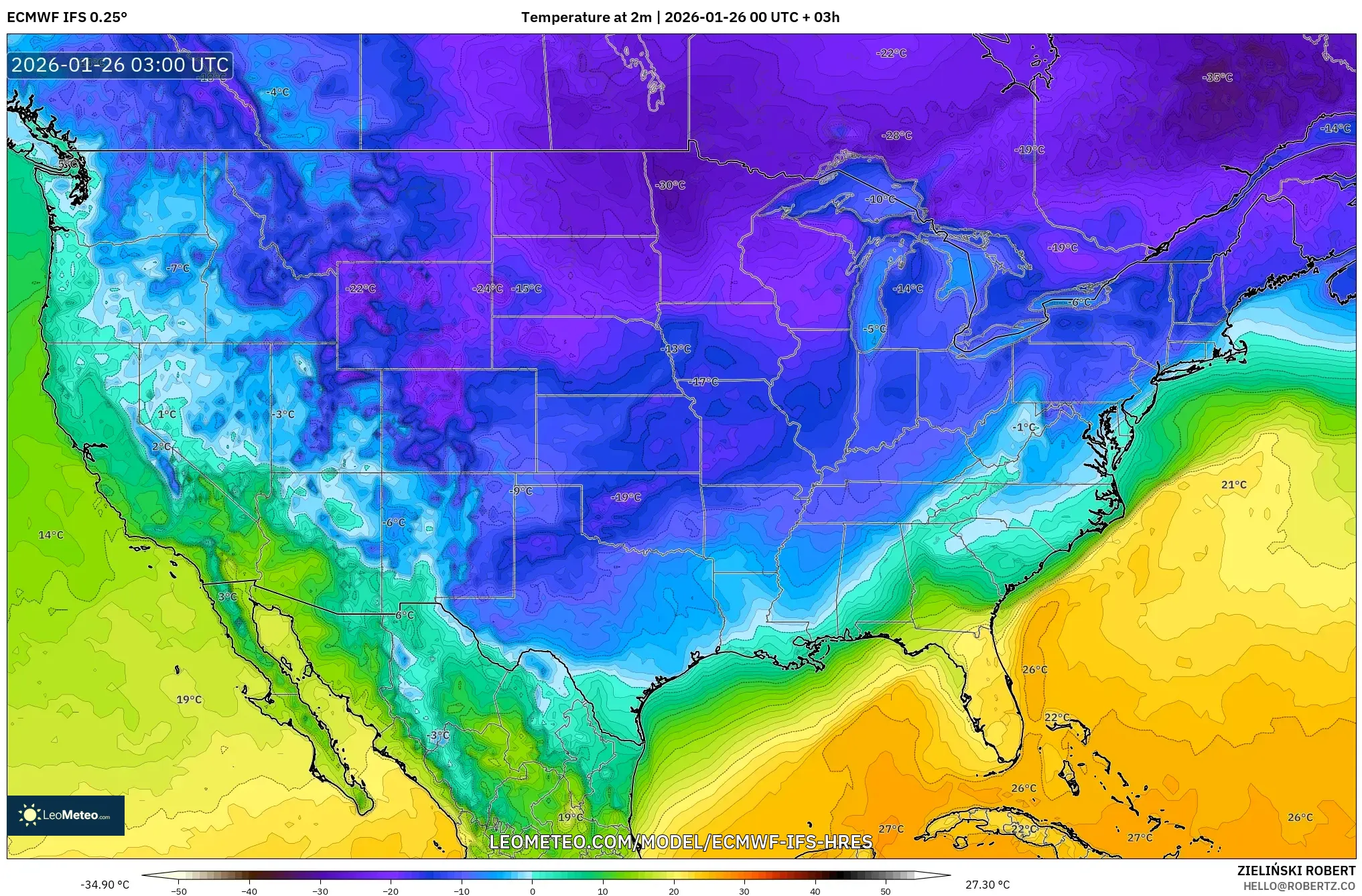 ECMWF IFS 0.25° model - Amerika Birleşik Devletleri, 2 m Sıcaklık