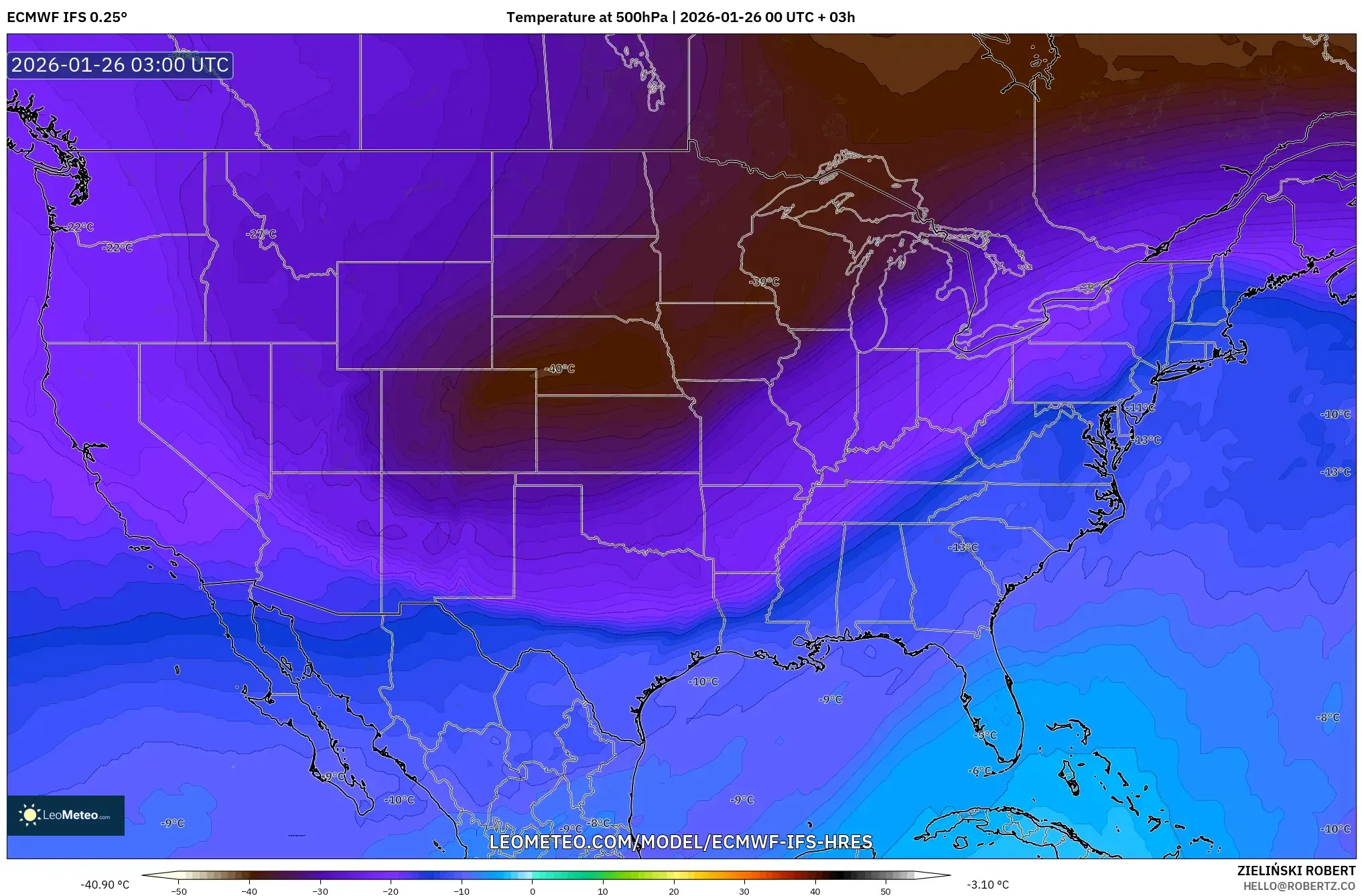 ECMWF IFS 0.25° model - Amerika Birleşik Devletleri, 500 hPa Sıcaklık