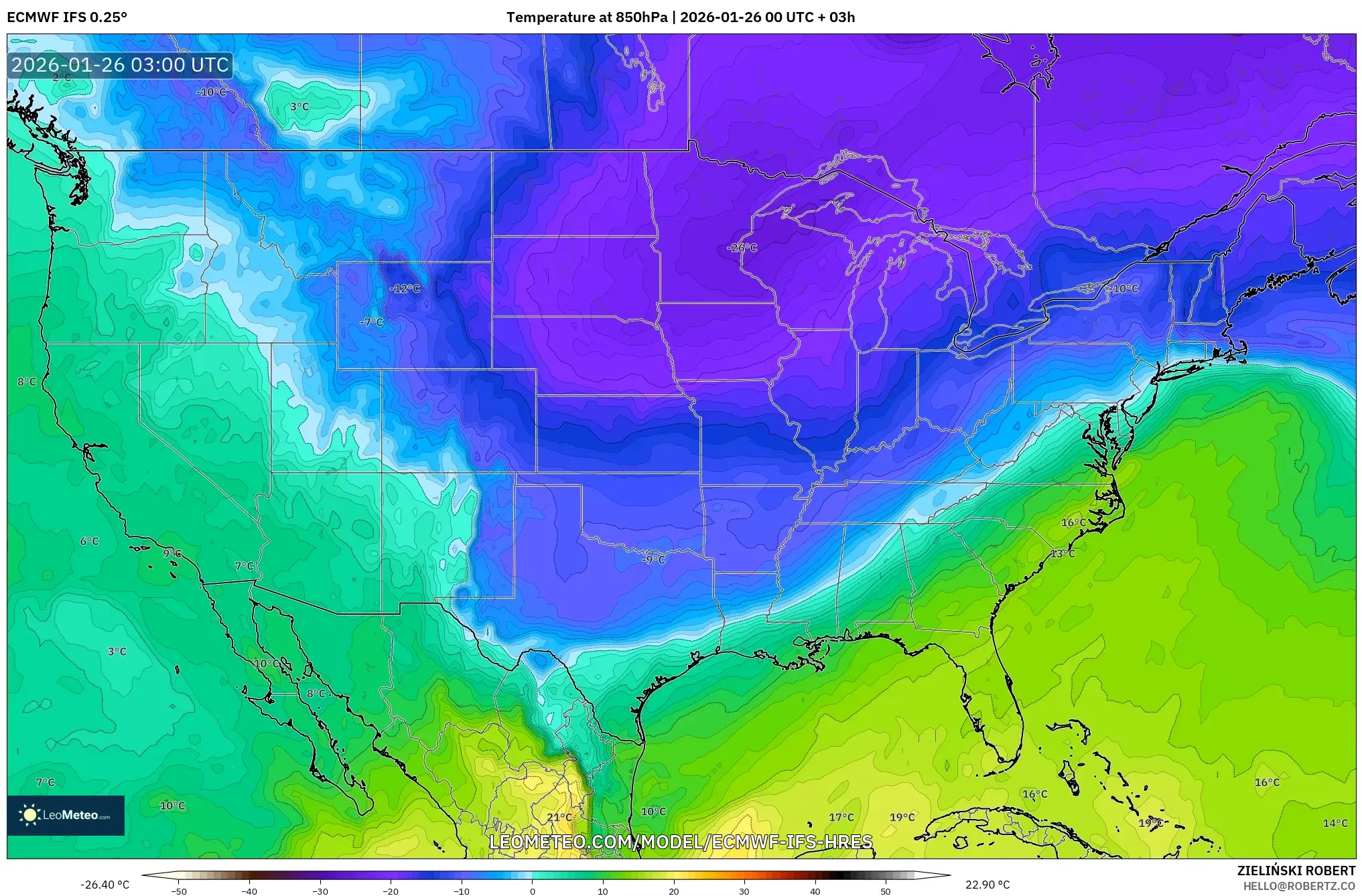 ECMWF IFS 0.25° model - Amerika Birleşik Devletleri, 850 hPa Sıcaklık