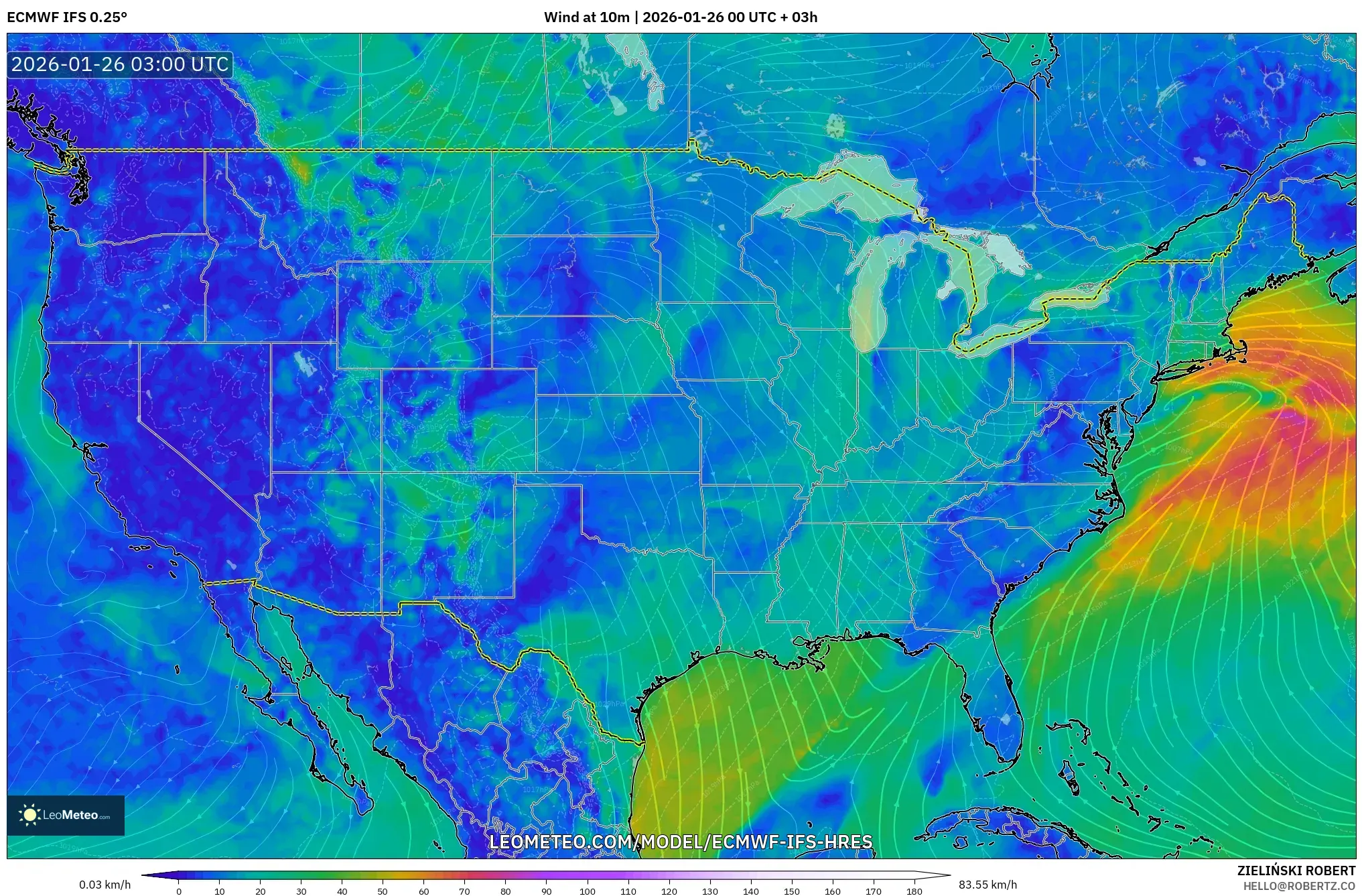ECMWF IFS 0.25° model - Amerika Birleşik Devletleri, 10 m Rüzgâr
