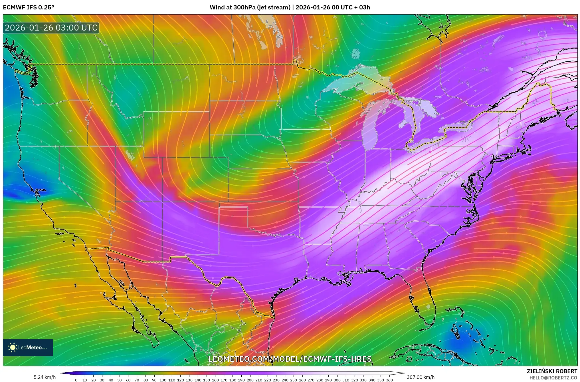 ECMWF IFS 0.25° model - Amerika Birleşik Devletleri, 300 hPa Rüzgârı (jet)