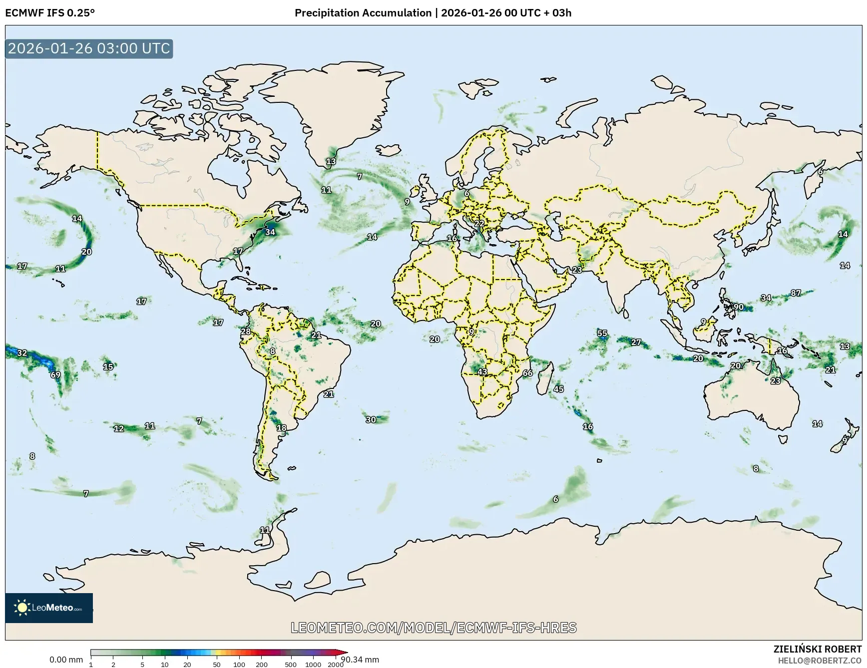 ECMWF IFS 0.25° model - Dünya, Yağış Birikimi