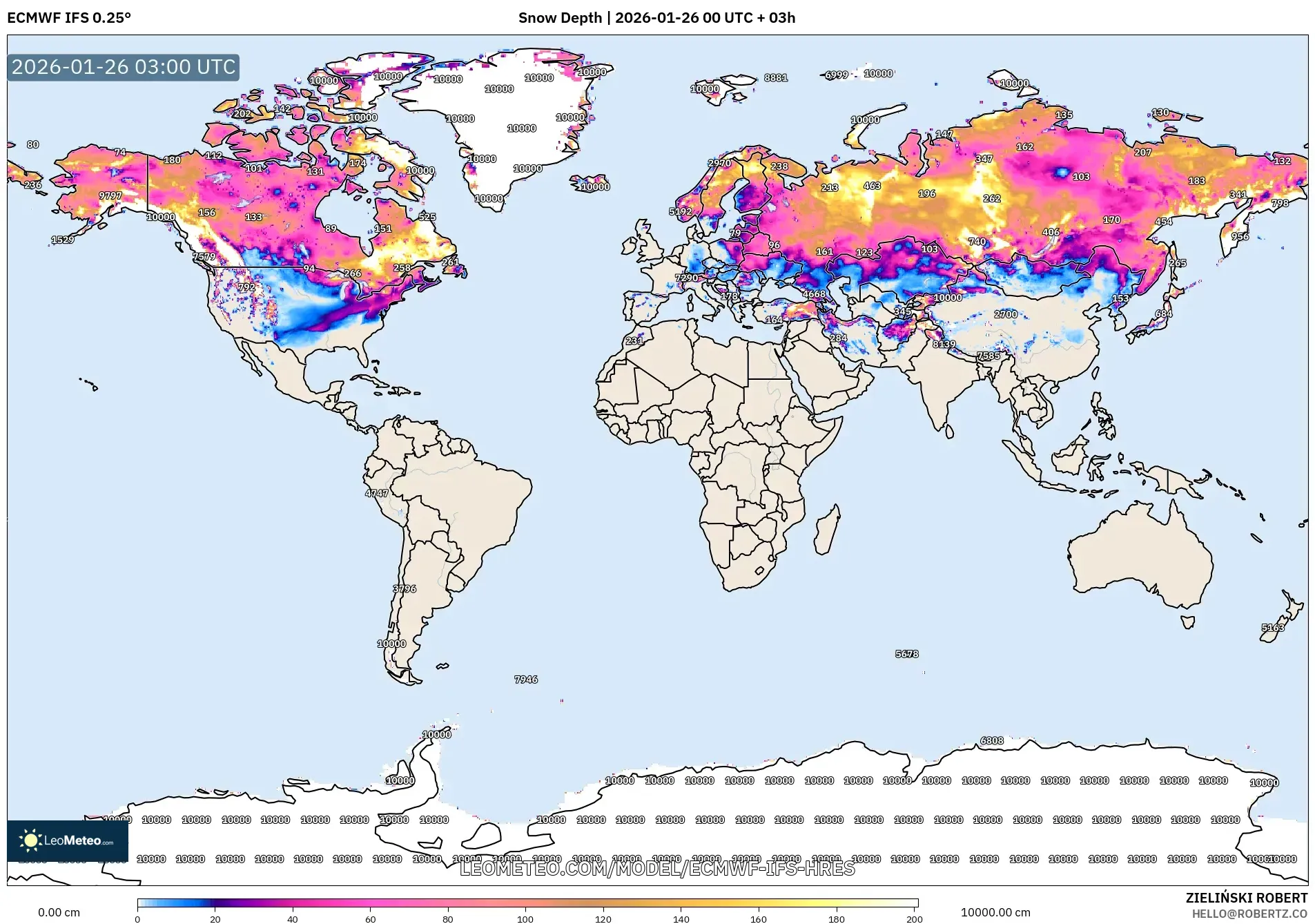 ECMWF IFS 0.25° model - Dünya, Kar Kalınlığı