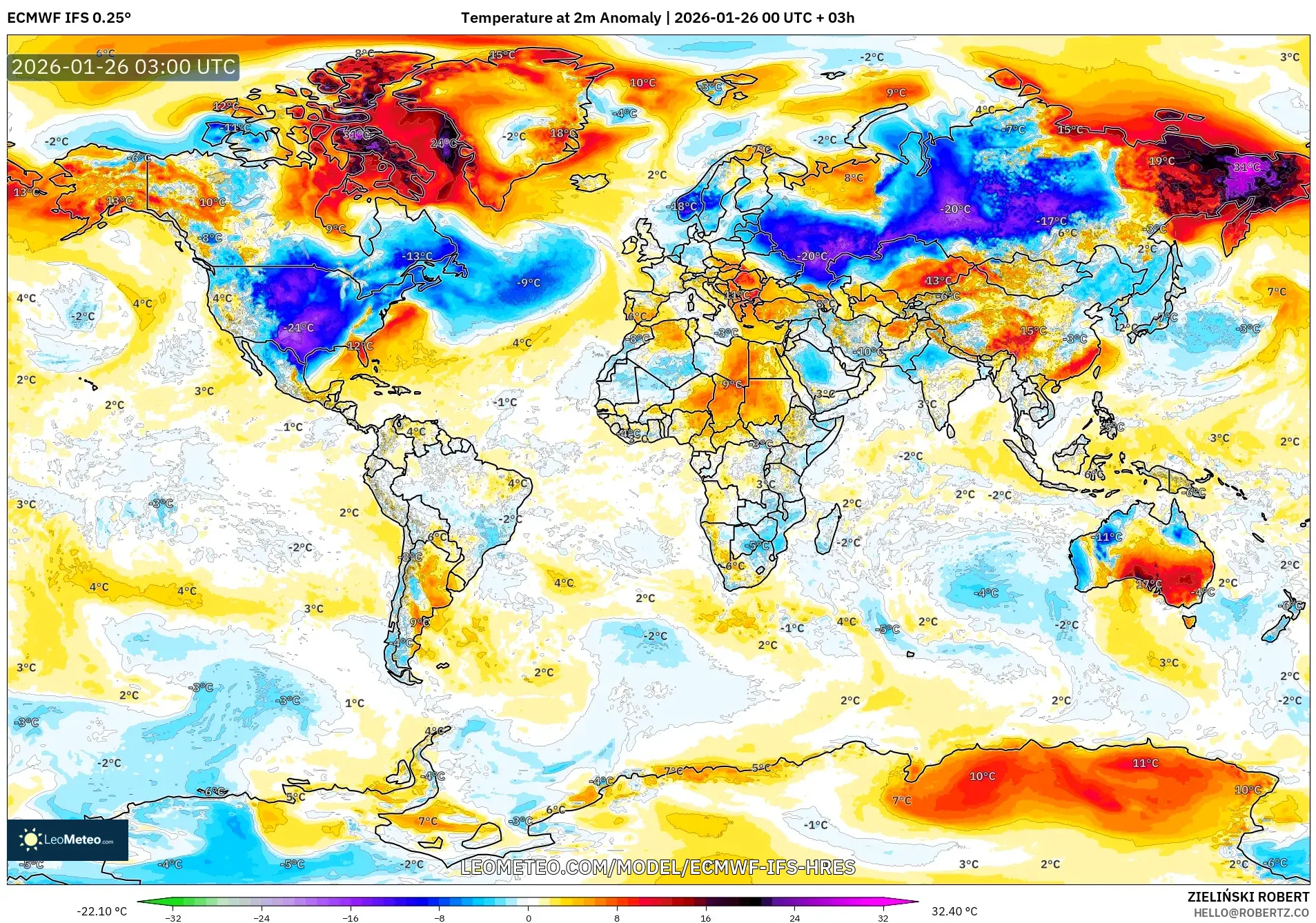 ECMWF IFS 0.25° model - Dünya, 2 m Sıcaklık Anomalisi