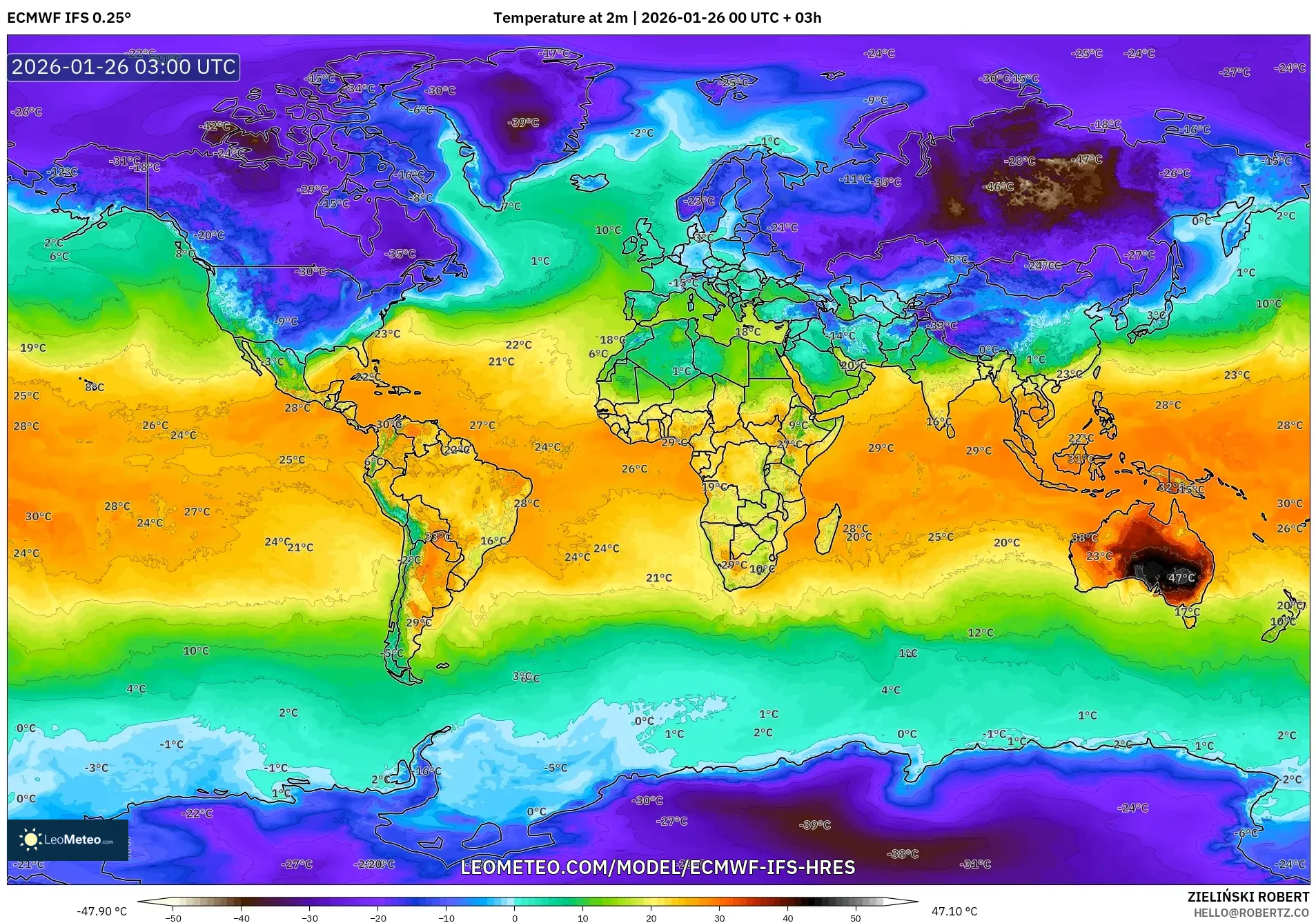 ECMWF IFS 0.25° model - Dünya, 2 m Sıcaklık
