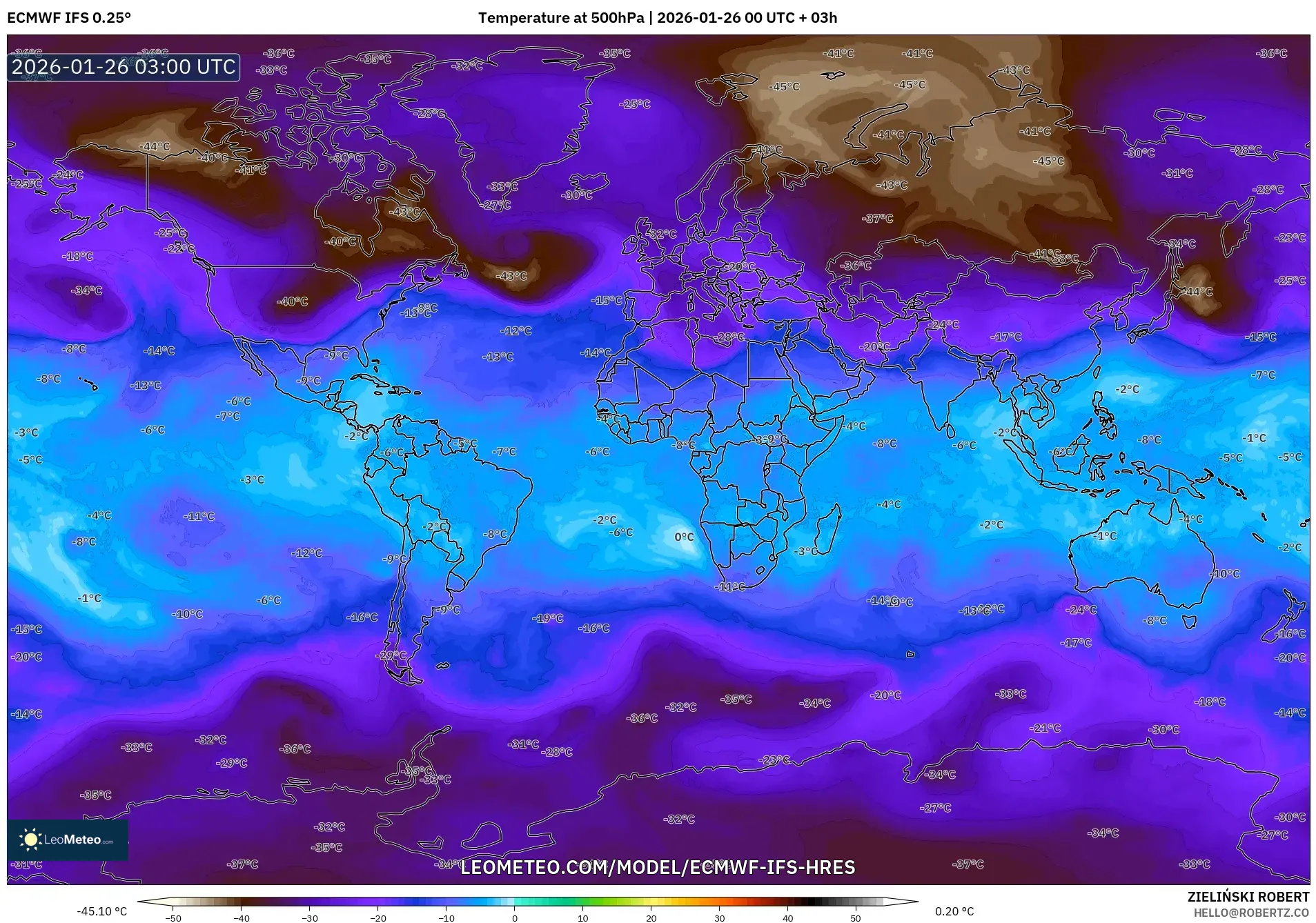 ECMWF IFS 0.25° model - Dünya, 500 hPa Sıcaklık