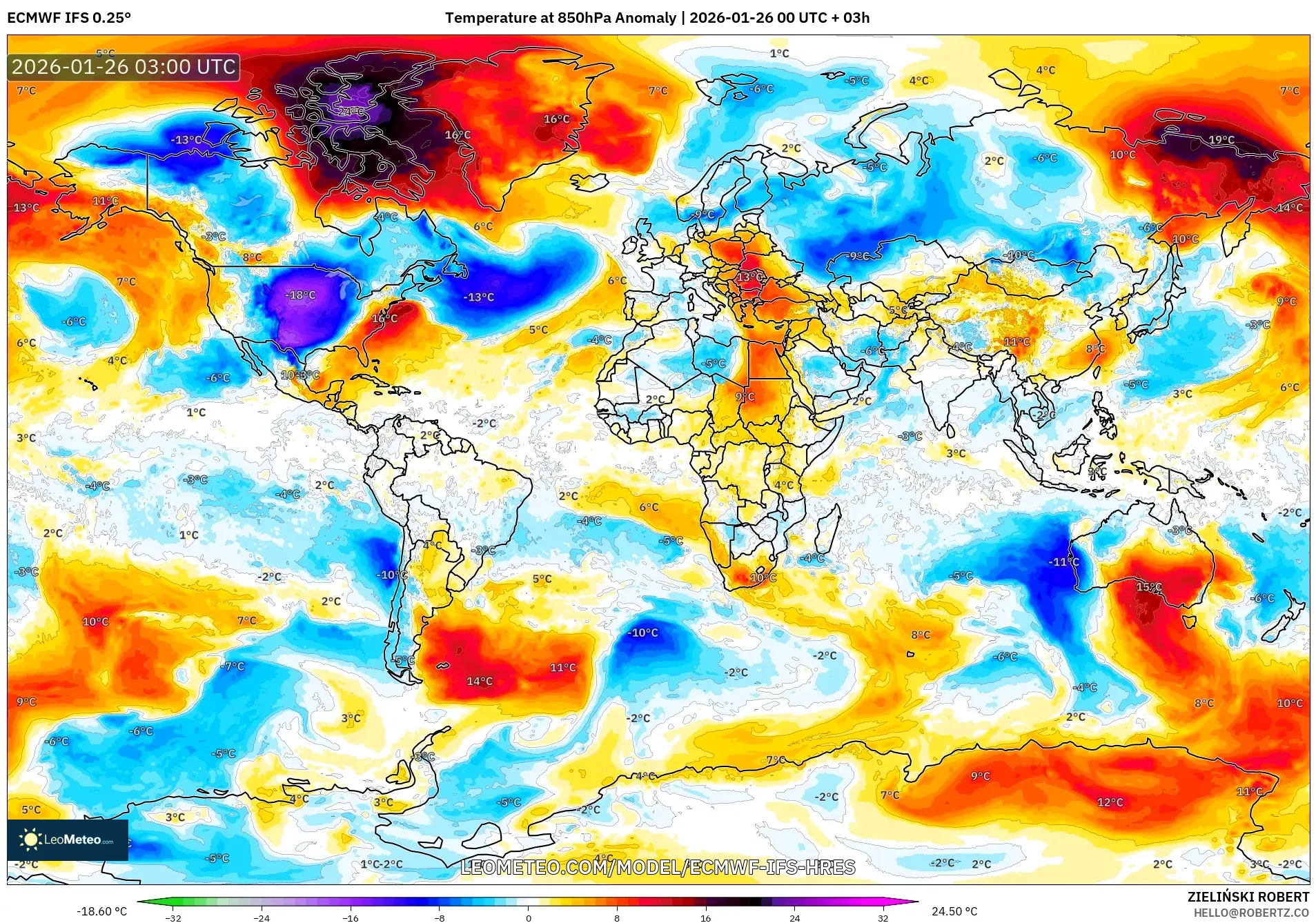 ECMWF IFS 0.25° model - Dünya, 850 hPa Sıcaklık Anomalisi