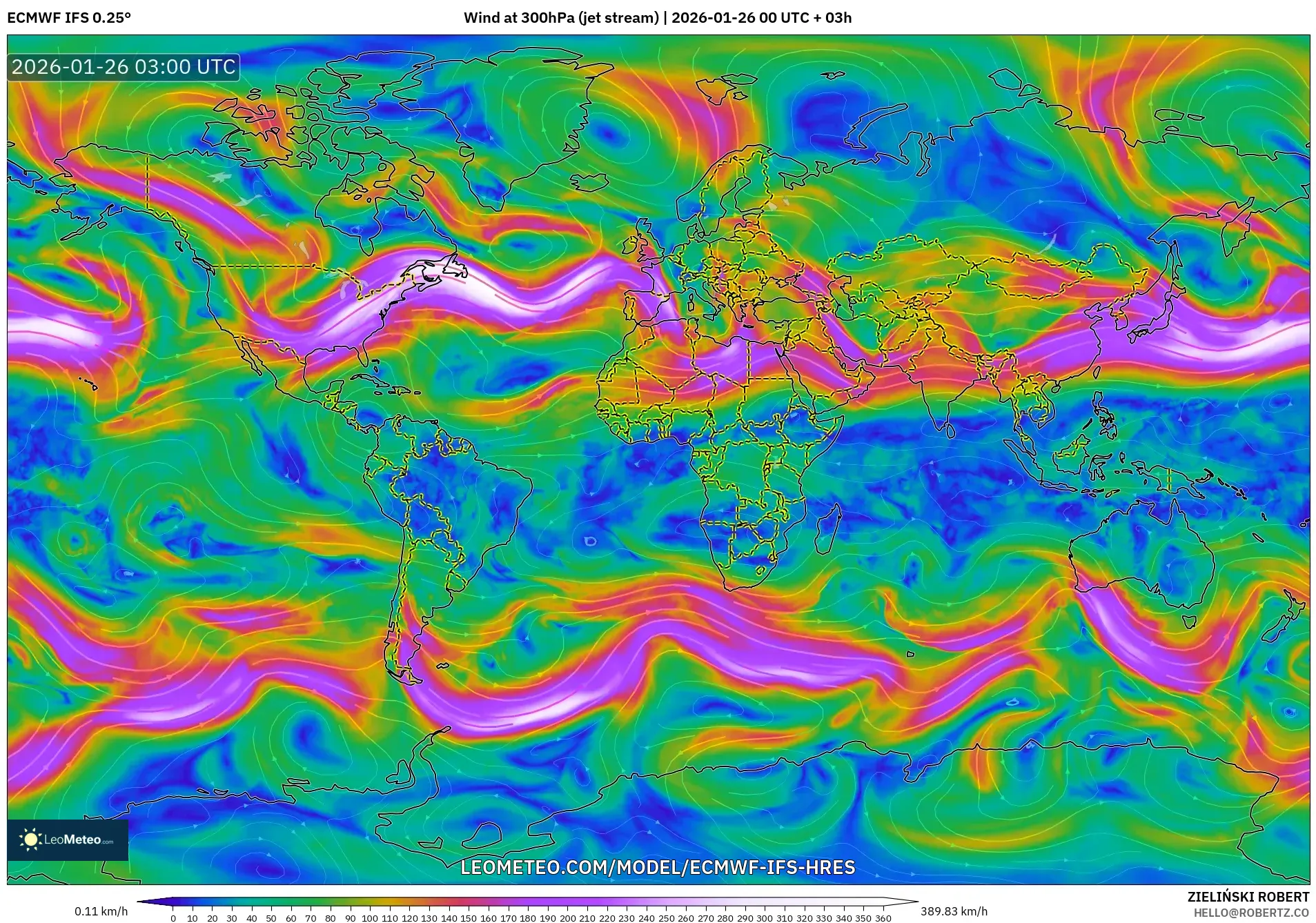 ECMWF IFS 0.25° model - Dünya, 300 hPa Rüzgârı (jet)