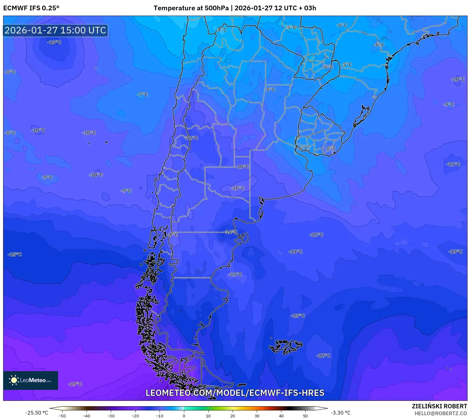 ECMWF IFS 0.25° model - Arjantin, 500 hPa Sıcaklık