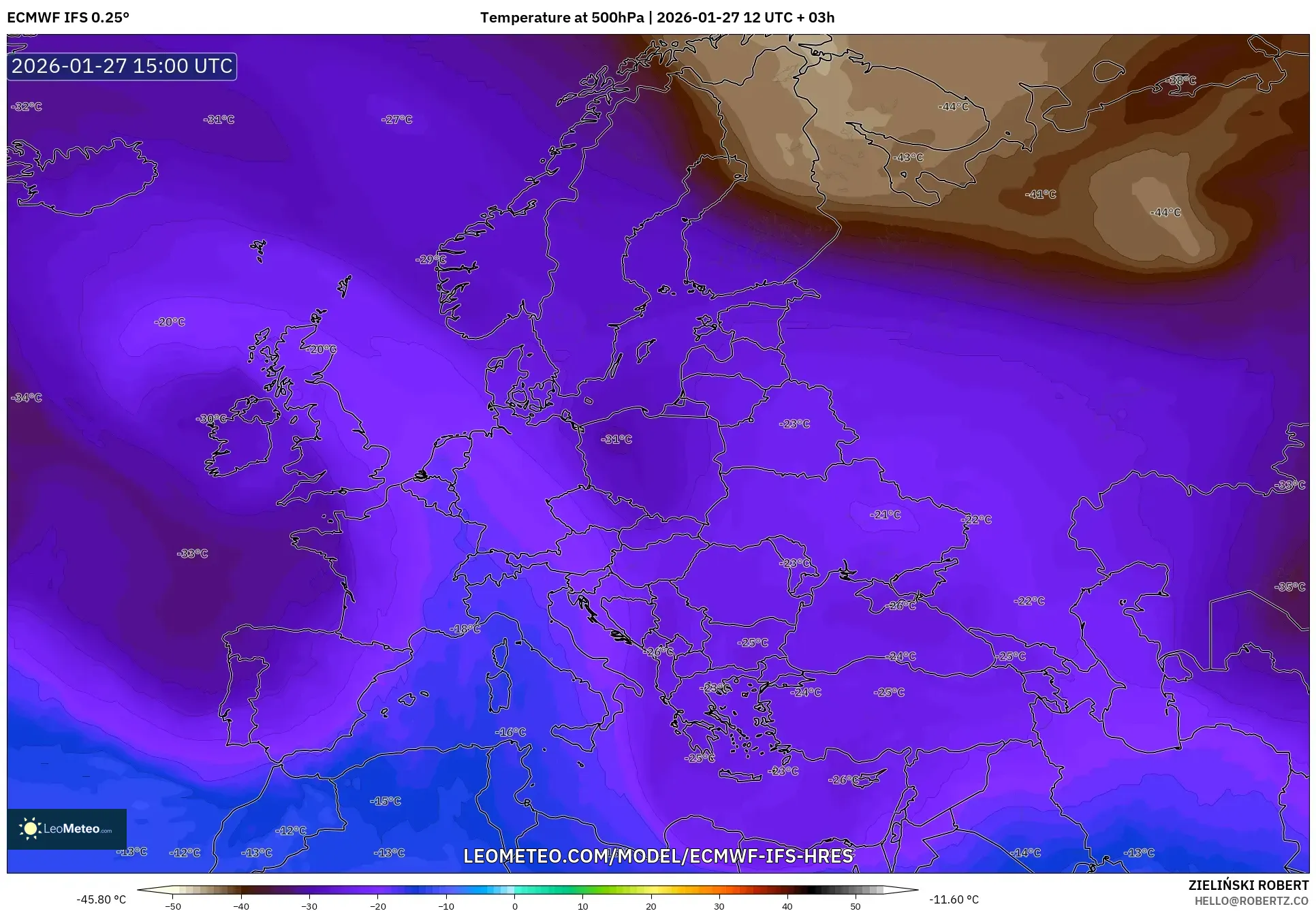 ECMWF IFS 0.25° model - Avrupa, 500 hPa Sıcaklık