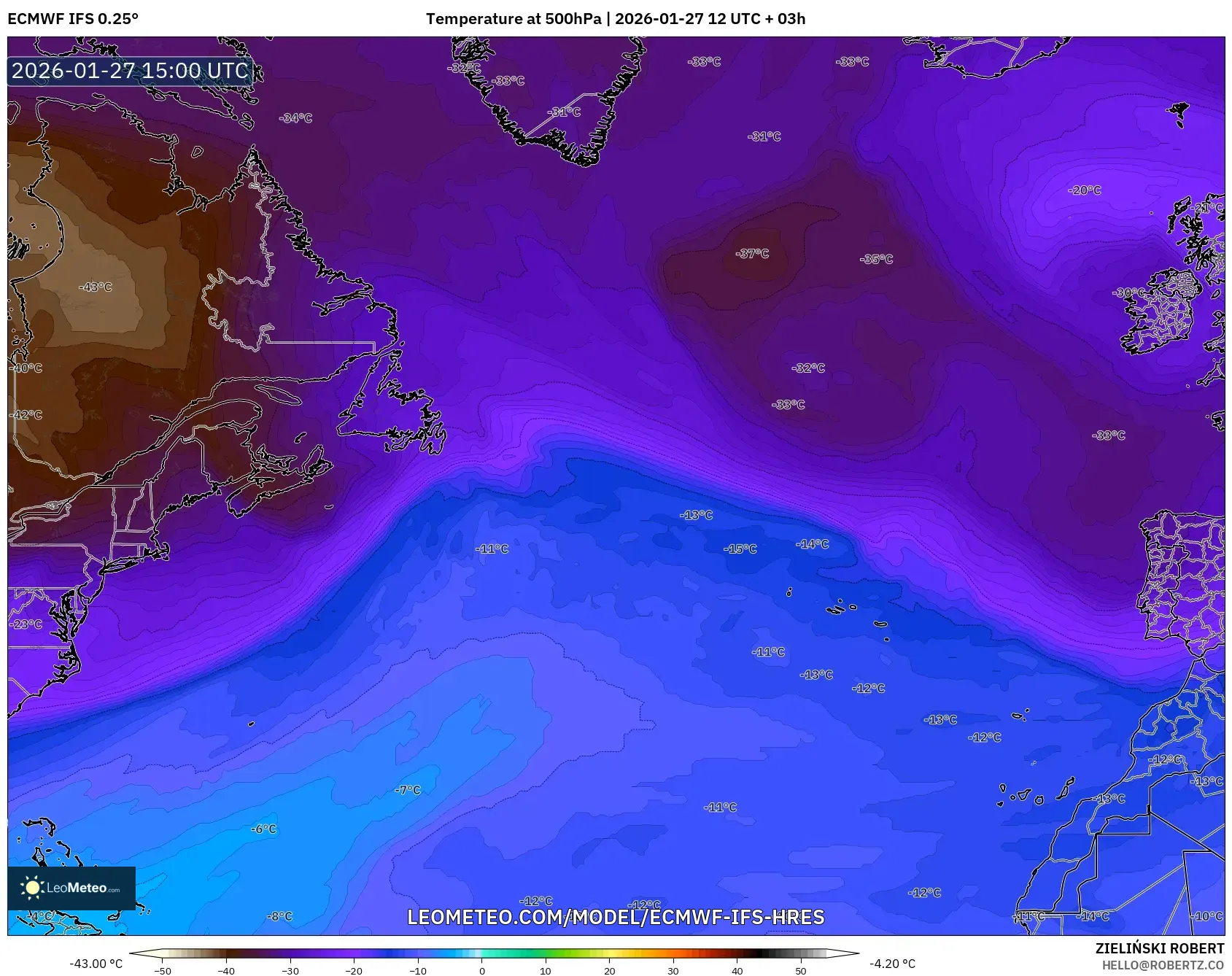 ECMWF IFS 0.25° model - Kuzey Atlantik, 500 hPa Sıcaklık