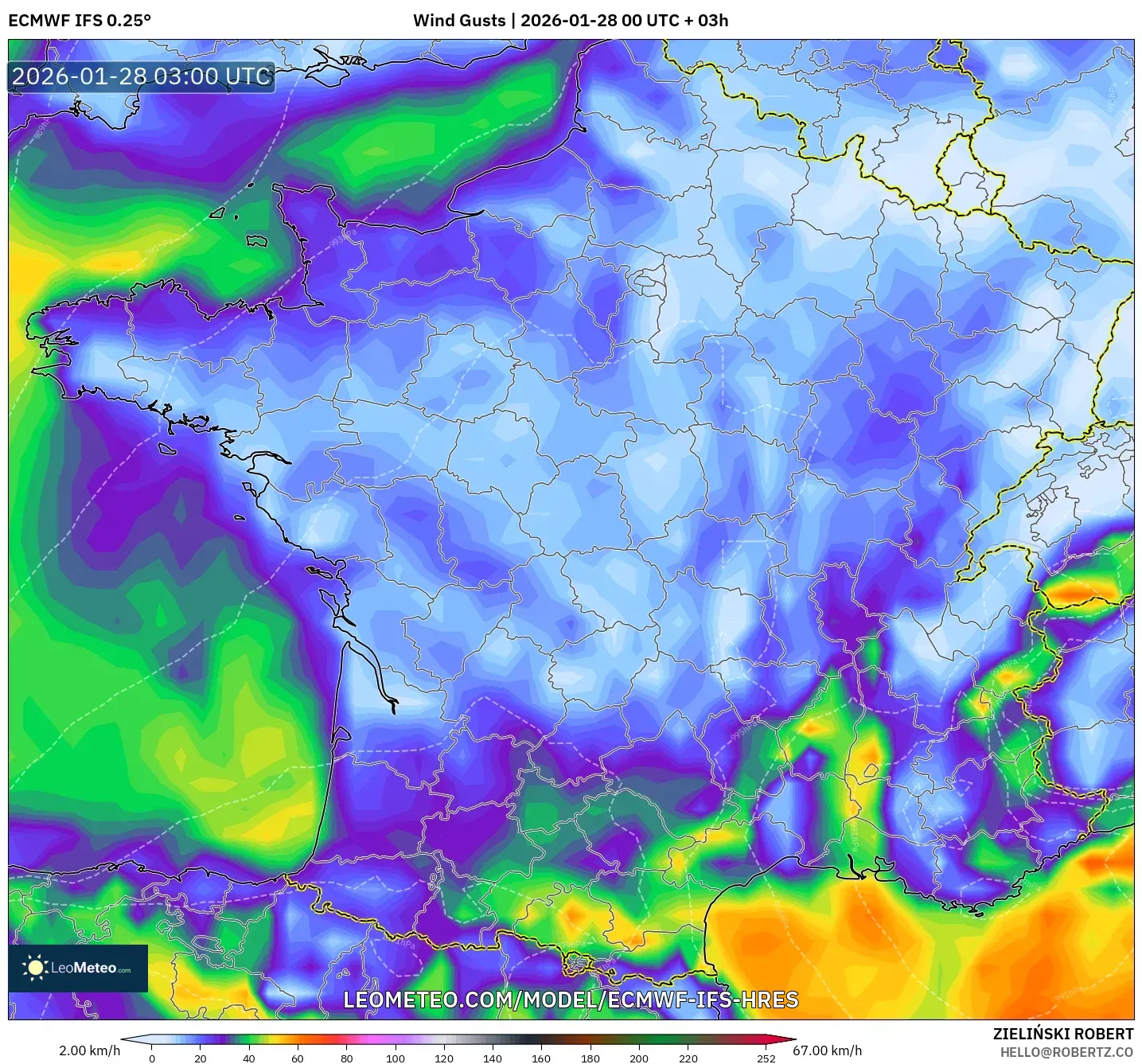 ECMWF IFS 0.25° model - Fransa, Rüzgâr Esintileri
