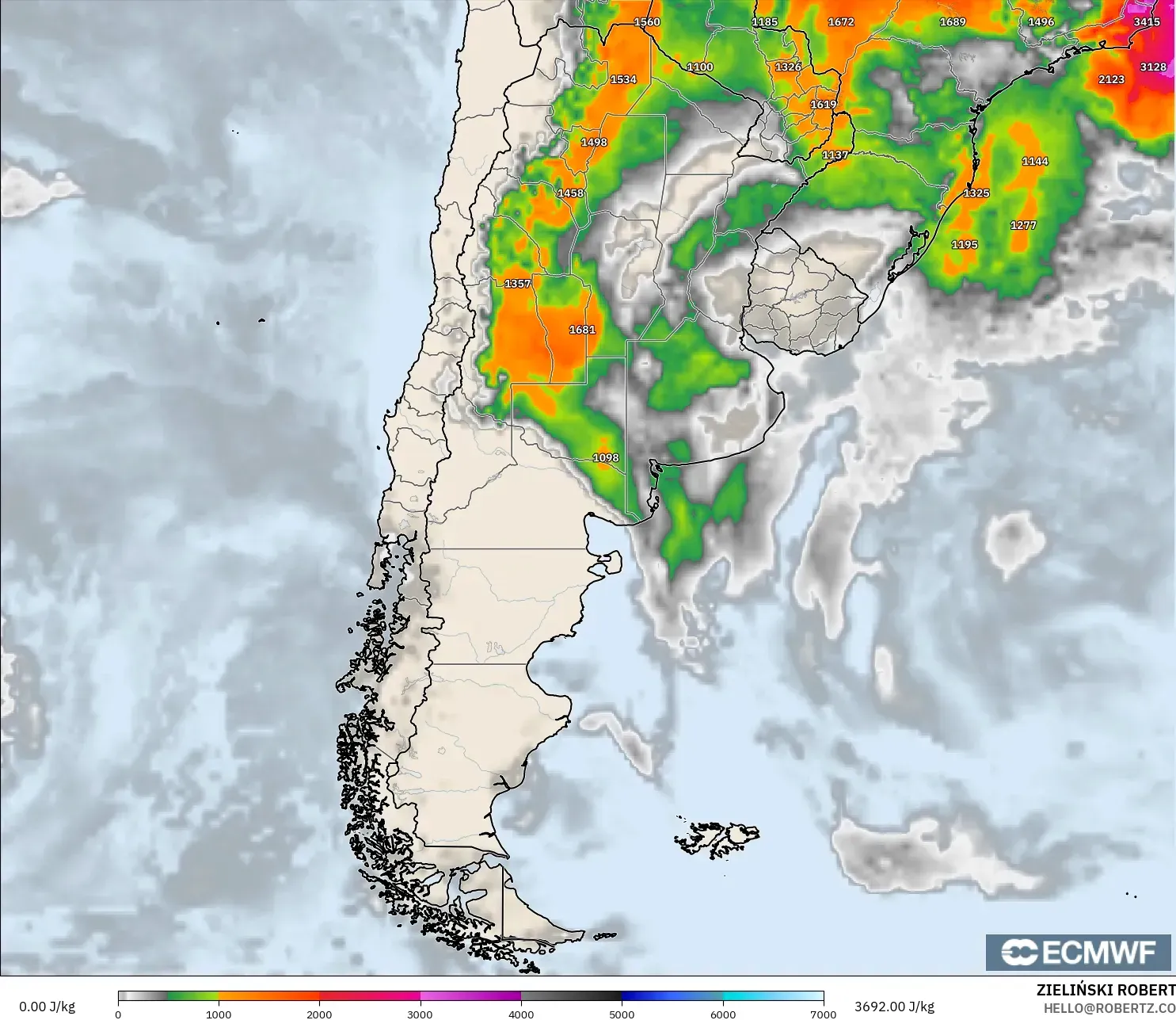 ECMWF IFS 0.25° model - Arjantin, CAPE