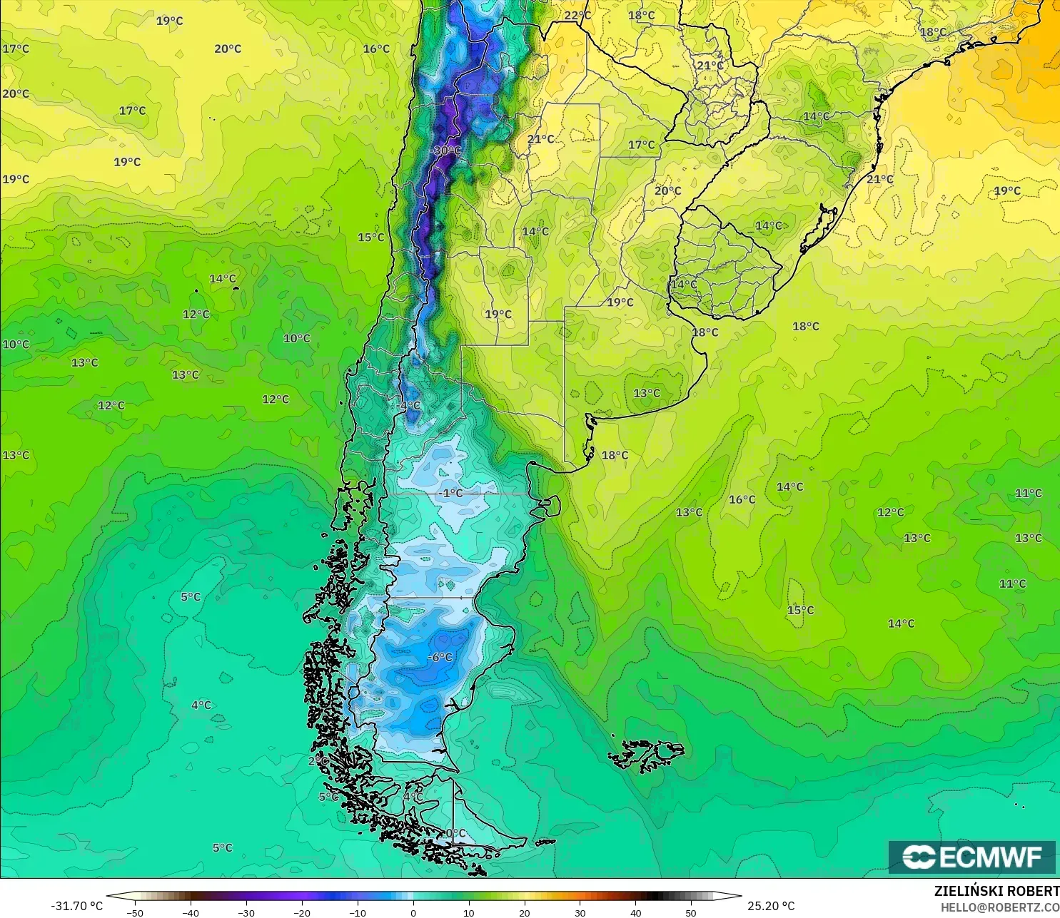 ECMWF IFS 0.25° model - Arjantin, 2 m Çiy Noktası