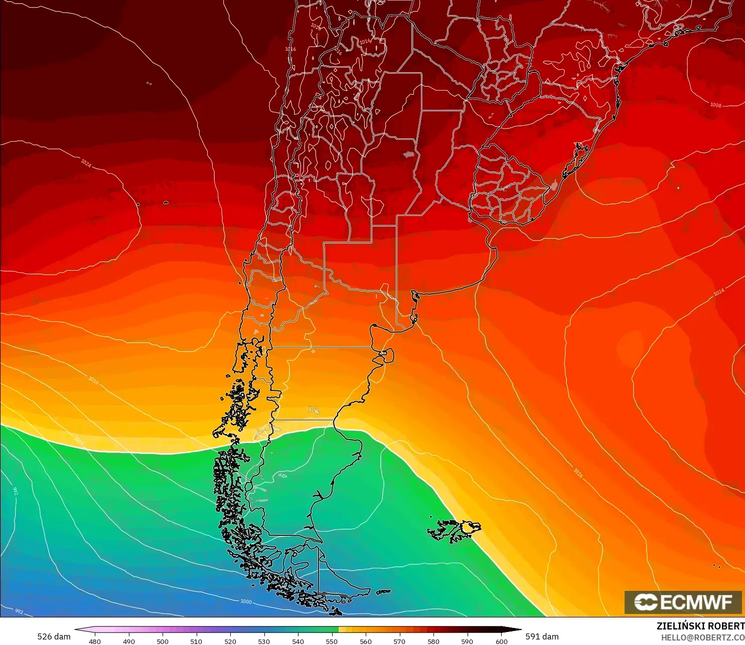 ECMWF IFS 0.25° model - Arjantin, 500 hPa’da jeopotansiyel yükseklik
