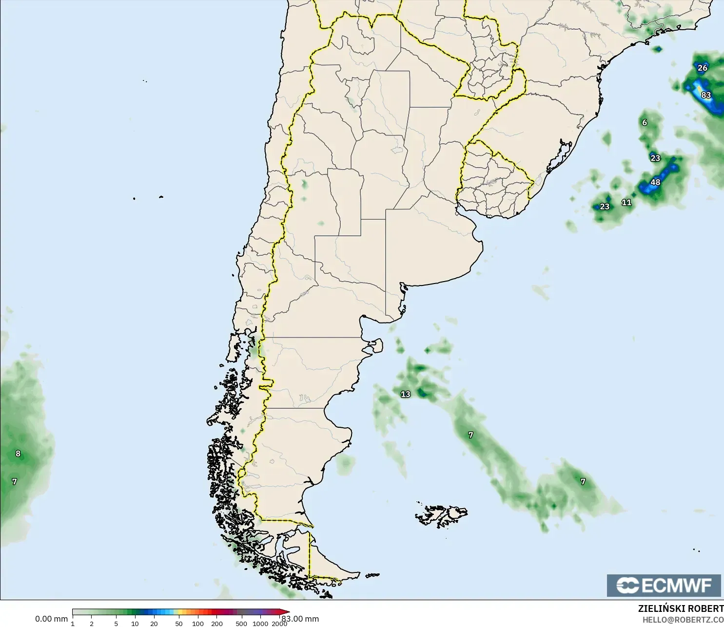 ECMWF IFS 0.25° model - Arjantin, Yağış Birikimi