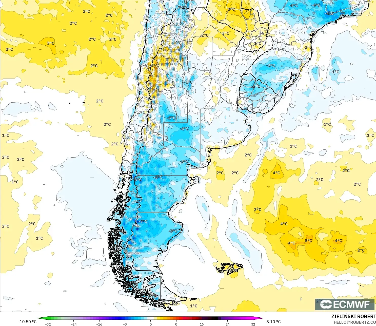 ECMWF IFS 0.25° model - Arjantin, 2 m Sıcaklık Anomalisi