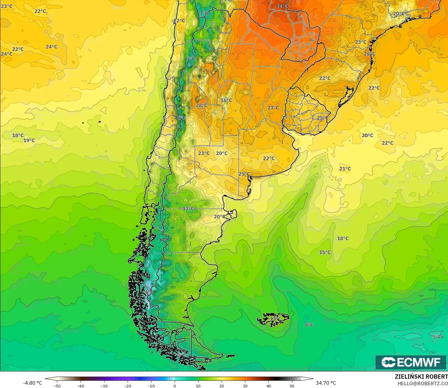 ECMWF IFS 0.25° model - Arjantin, 2 m Sıcaklık