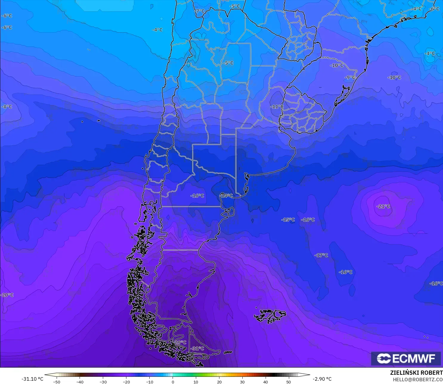 ECMWF IFS 0.25° model - Arjantin, 500 hPa Sıcaklık
